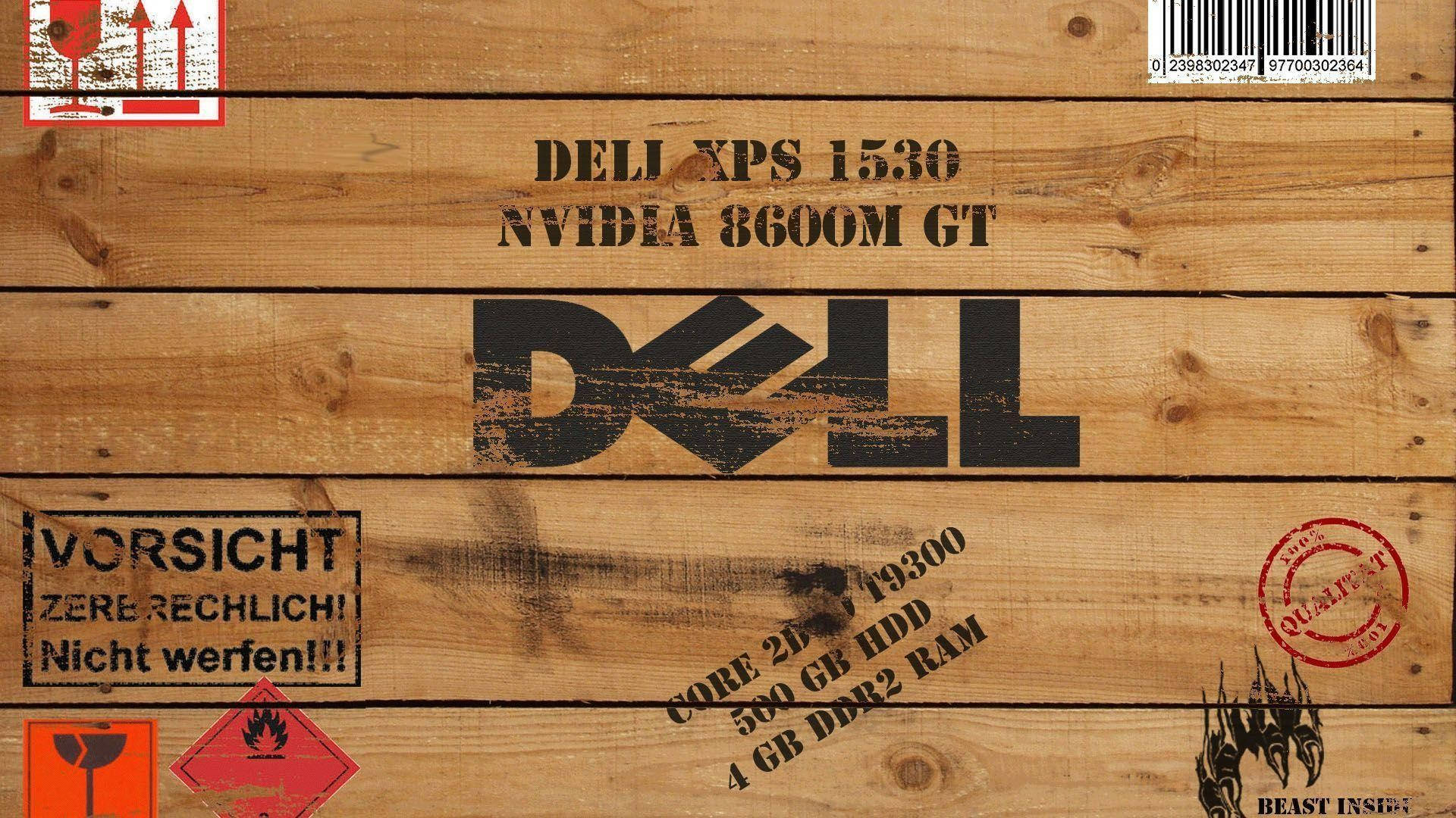 戴爾 HD 桌布 壁紙 — 一個風化的木箱，上面標有 Dell XPS 1530 規格和德文警告貼紙。