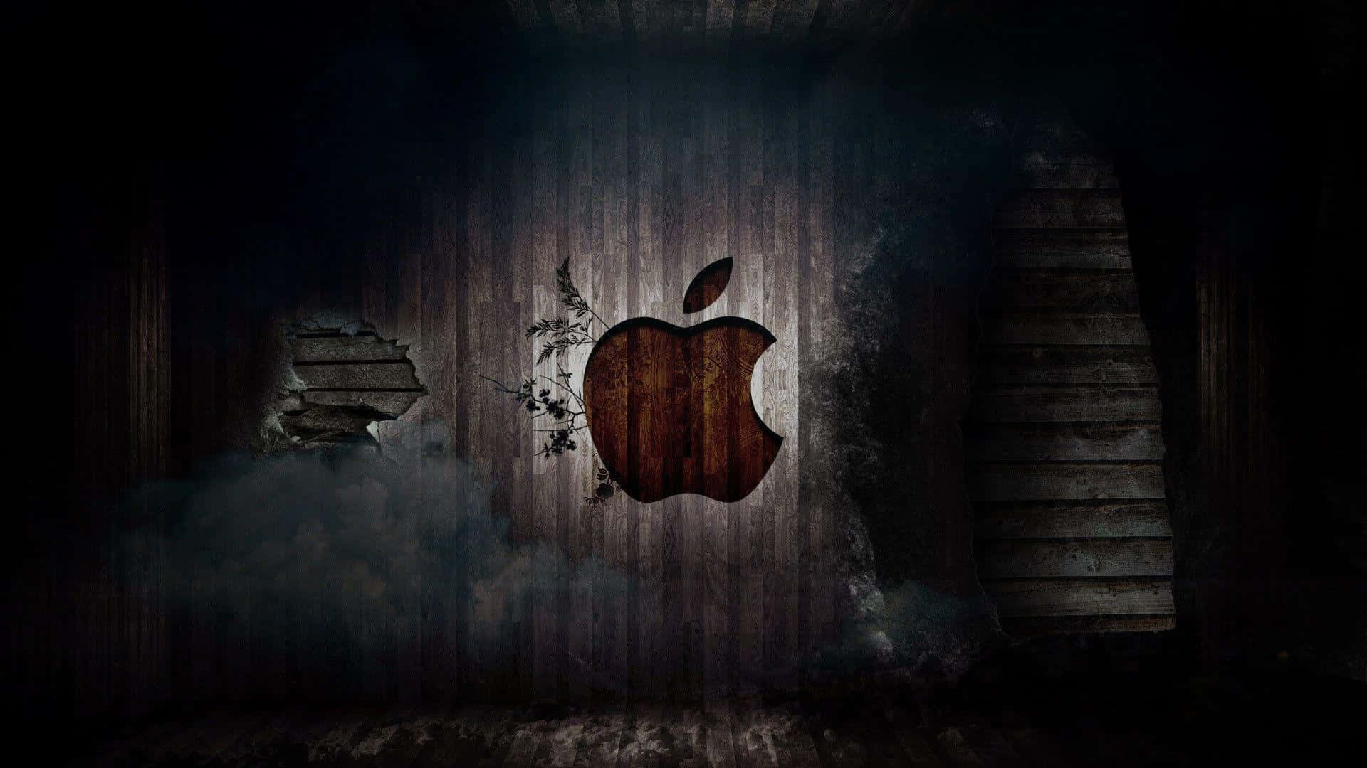 1920x1080 Apple 桌布 壁紙 — 一個風化的木製Apple標誌，藤蔓生長在黑暗、龜裂的牆壁上，旁邊是石階，營造出陰鬱、充滿氛圍的場景。