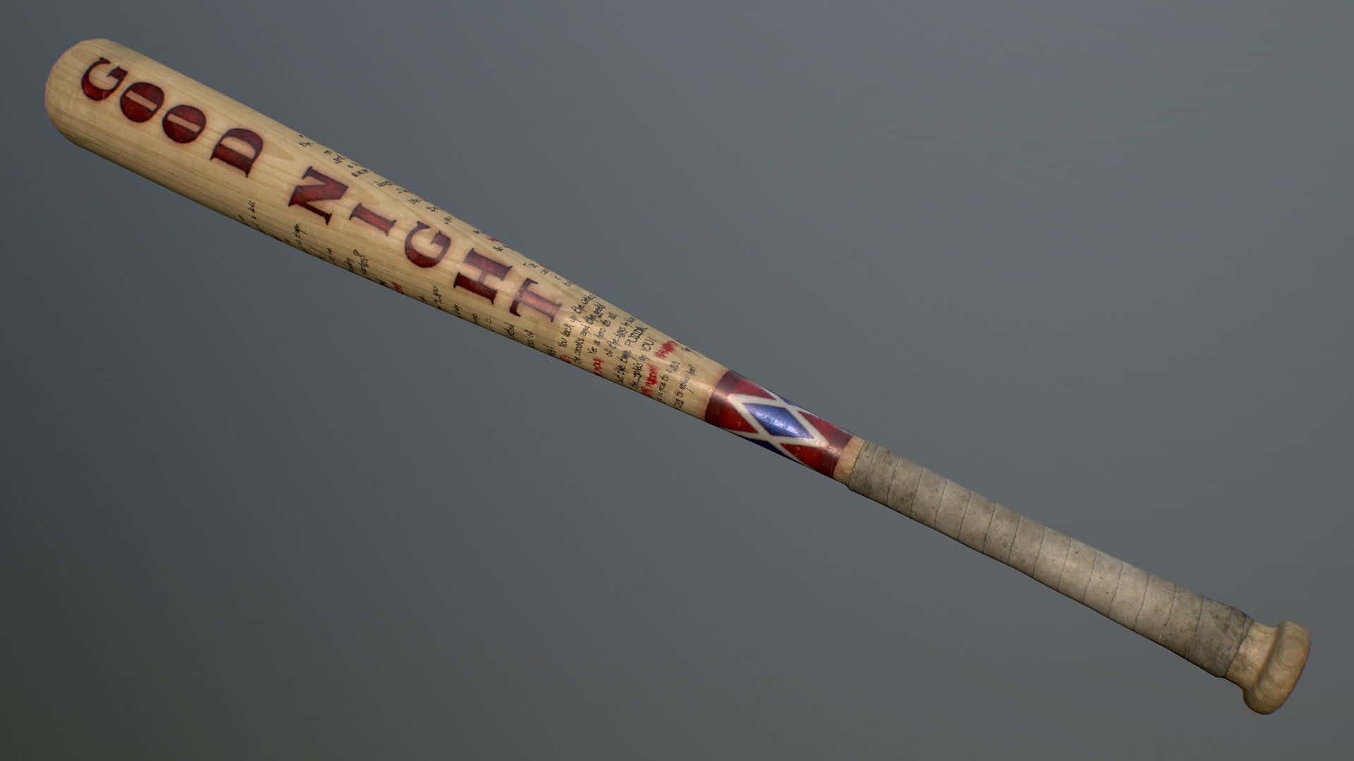 Harley Quinn Baseball Bat 桌布 壁紙 — 一個風化的木製棒球棒，上面有紅色字樣的 'GOOD NIGHT' 和 Union Jack 設計，背景為灰色。