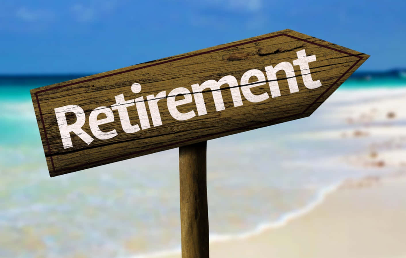 Retirement 桌布 壁紙 — 一個風化的木製標誌指向右邊，上面寫著退休，背景是模糊的熱帶海灘。
