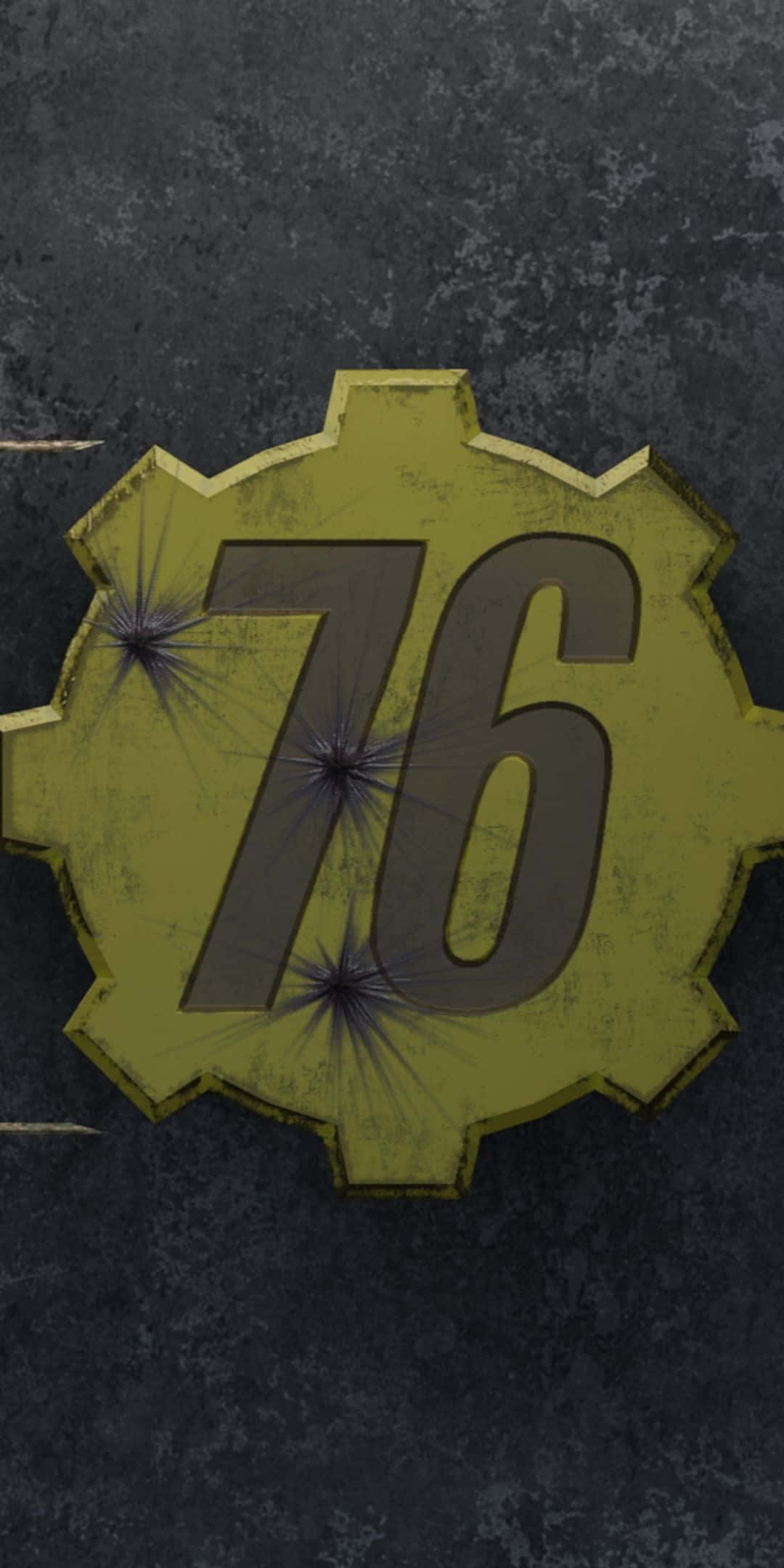 Pixel 3 Fallout 76 桌布 壁紙 — 一個風化的橄欖綠色齒輪形徽章，上面有粗體灰色的數字76，置於深色紋理背景上。