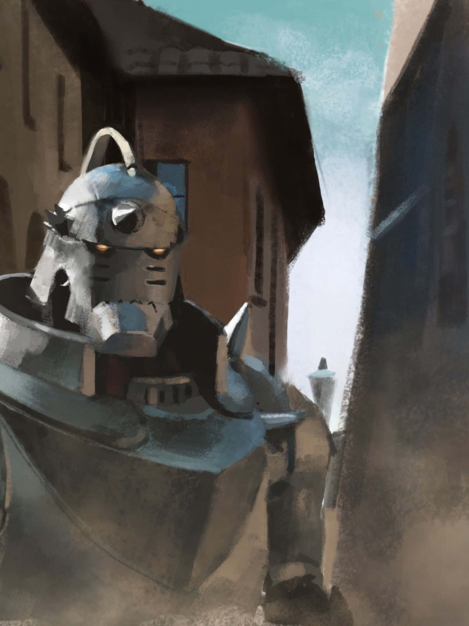 Alphonse Elric 桌布 壁紙 — 一個風化的機器人，發光的橙色眼睛，在蒼白的天空下，從舊建築之間的狹窄小巷中窺視。
