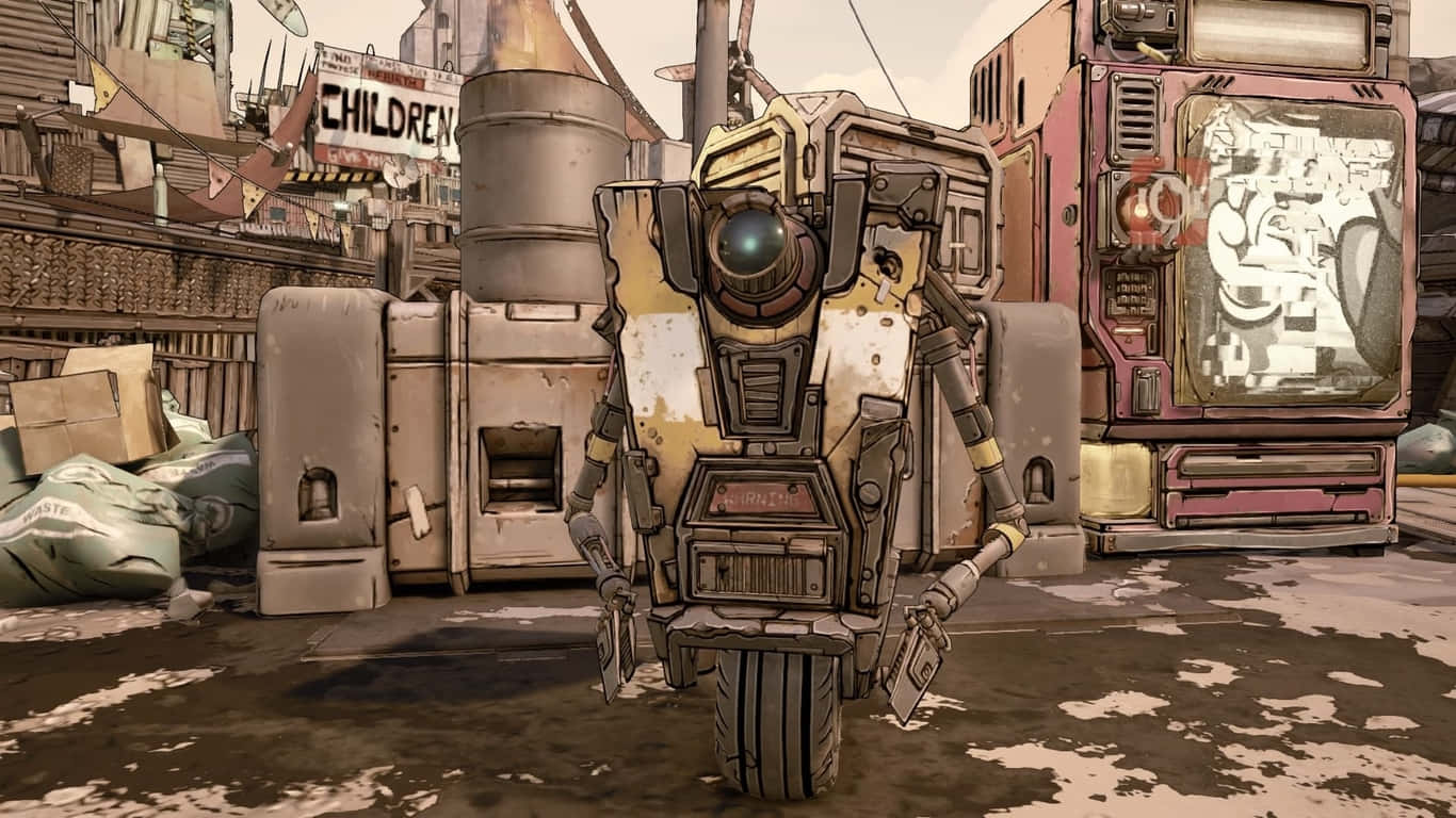1366x768 Borderlands 3 桌布 壁紙 — 一個風化的機器人站在一條骯髒的城市小巷中，周圍是生鏽的機器和褪色的招牌，天空朦朧。