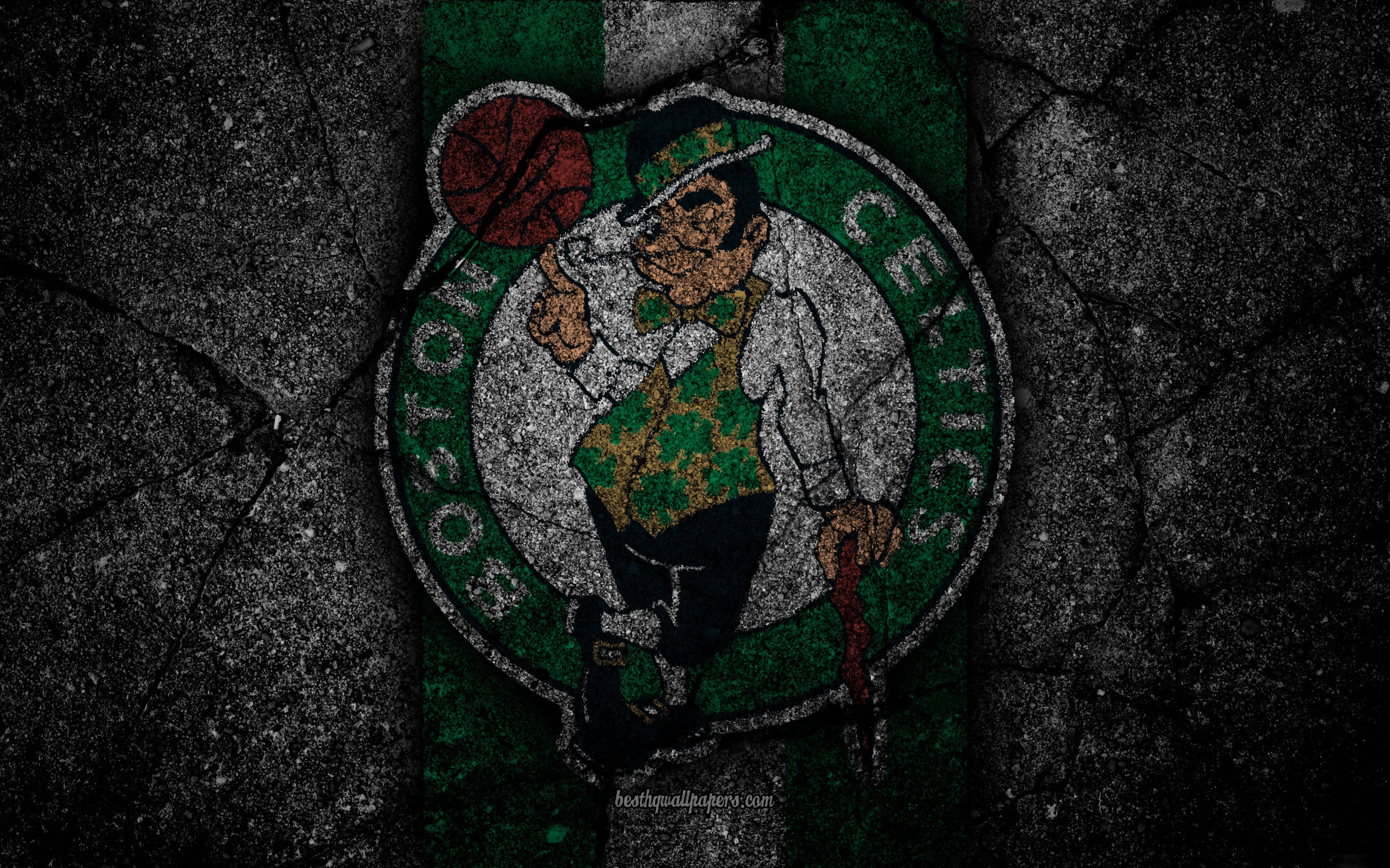 Celtics 桌布 壁紙 — 一個風化的波士頓塞爾提克隊標誌，上面有一個拿著籃球的小妖精，畫在裂開的混凝土上，呈現粗糙的綠色和白色。