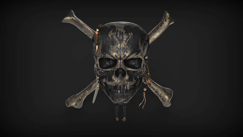 Skull And Crossbones 桌布 壁紙 — 一個風化的海盜頭骨，帶有交叉骨頭，飾有珠子和匕首，掛在深色背景上。