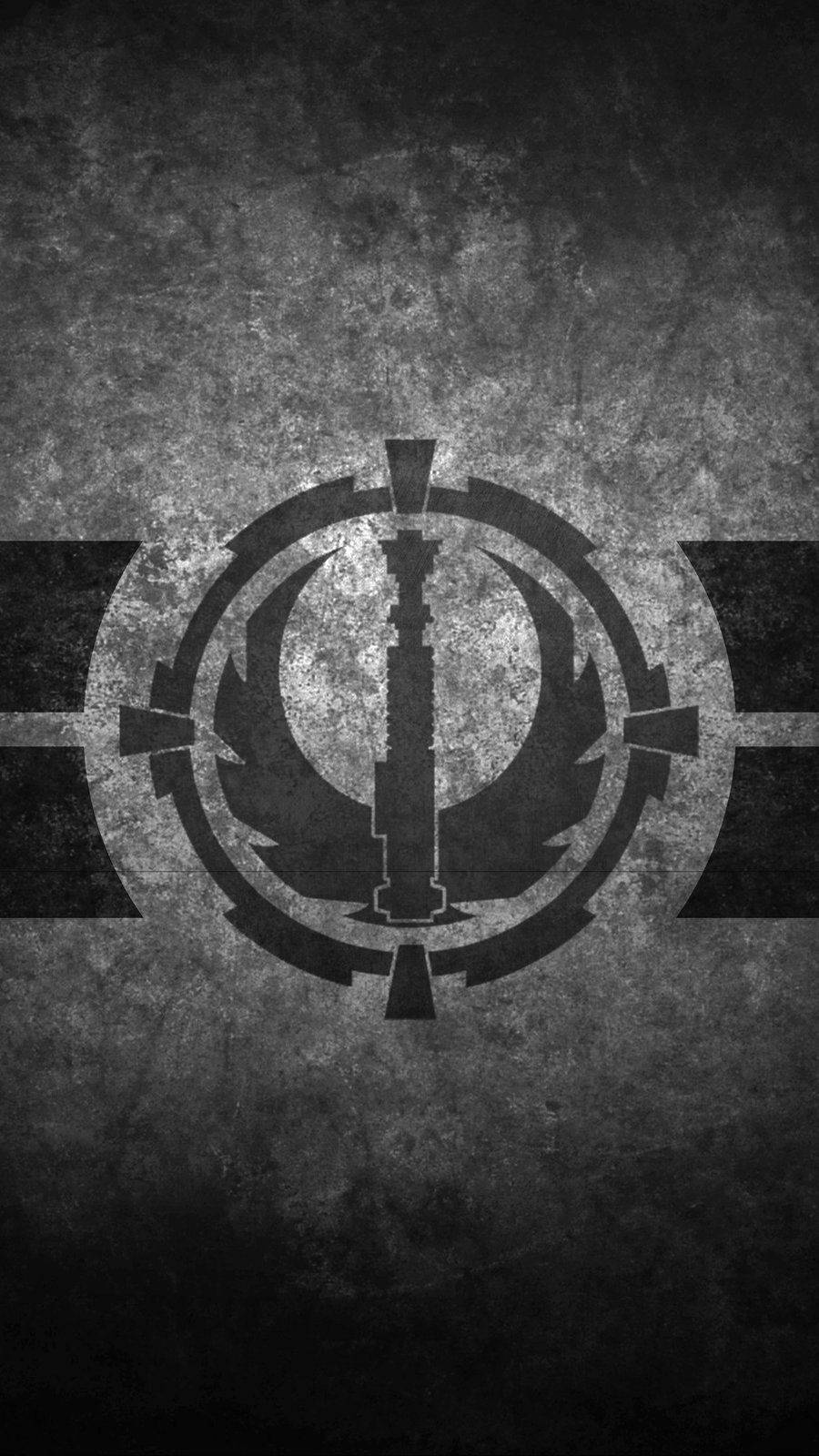 Star Wars Cell Phone 桌布 壁紙 — 一個風化的灰色和黑色絕地武士團標誌，居中放置在粗糙紋理背景上。