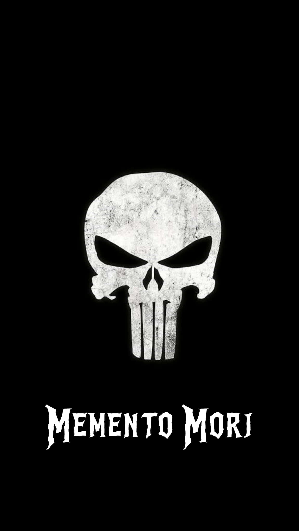 Memento Mori 桌布 壁紙 — 一個風化的白色骷髏標誌，置中於黑色背景上，下方有 'MEMENTO MORI' 文字。