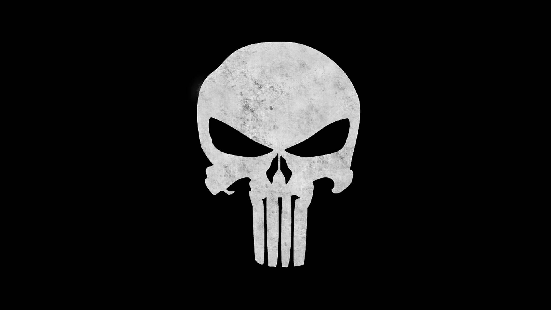 Punisher Skull 桌布 壁紙 — 一個風化的白色骷髏標誌，鼻子下方有三條垂直的劃痕，在純黑色背景上顯得格外醒目。