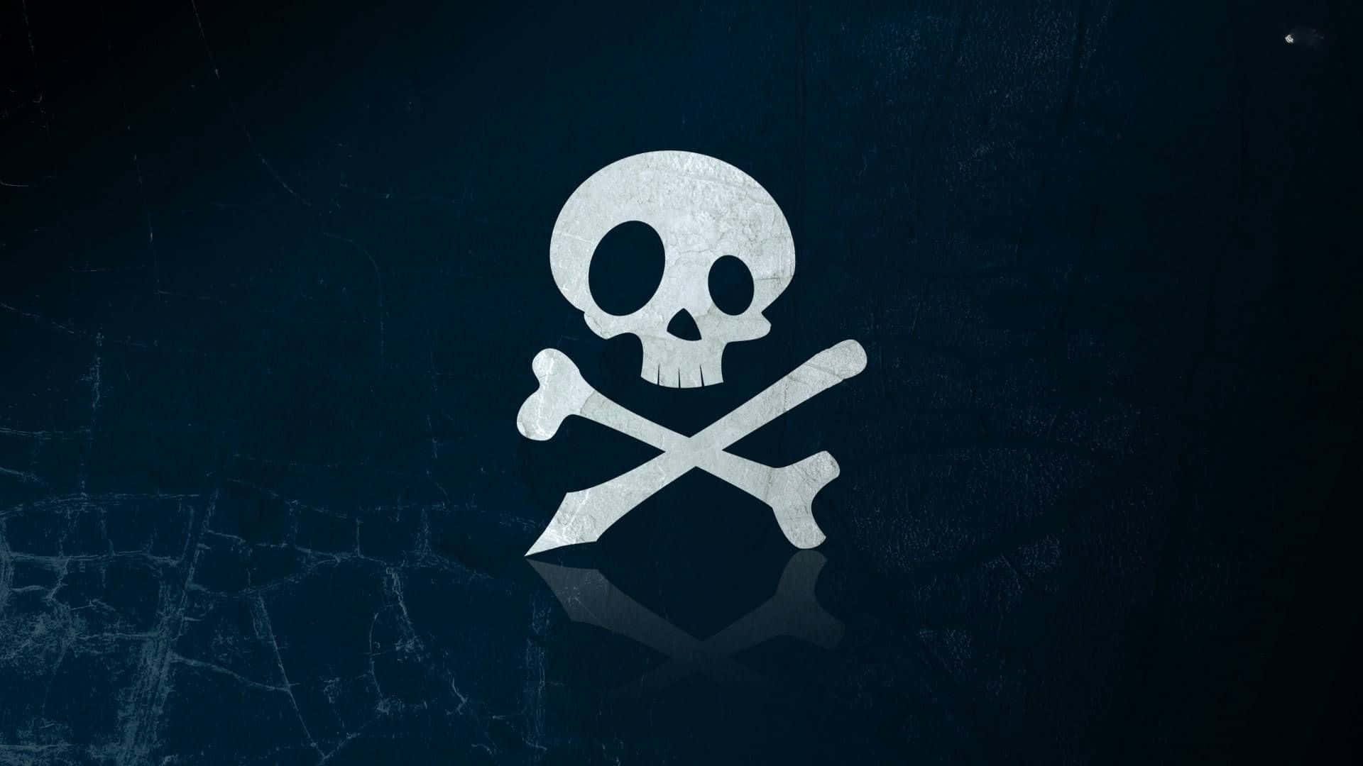 Bone 桌布 壁紙 — 一個風化的白色骷髏頭骨交叉骨徽章在裂紋深藍色紋理表面上發光。