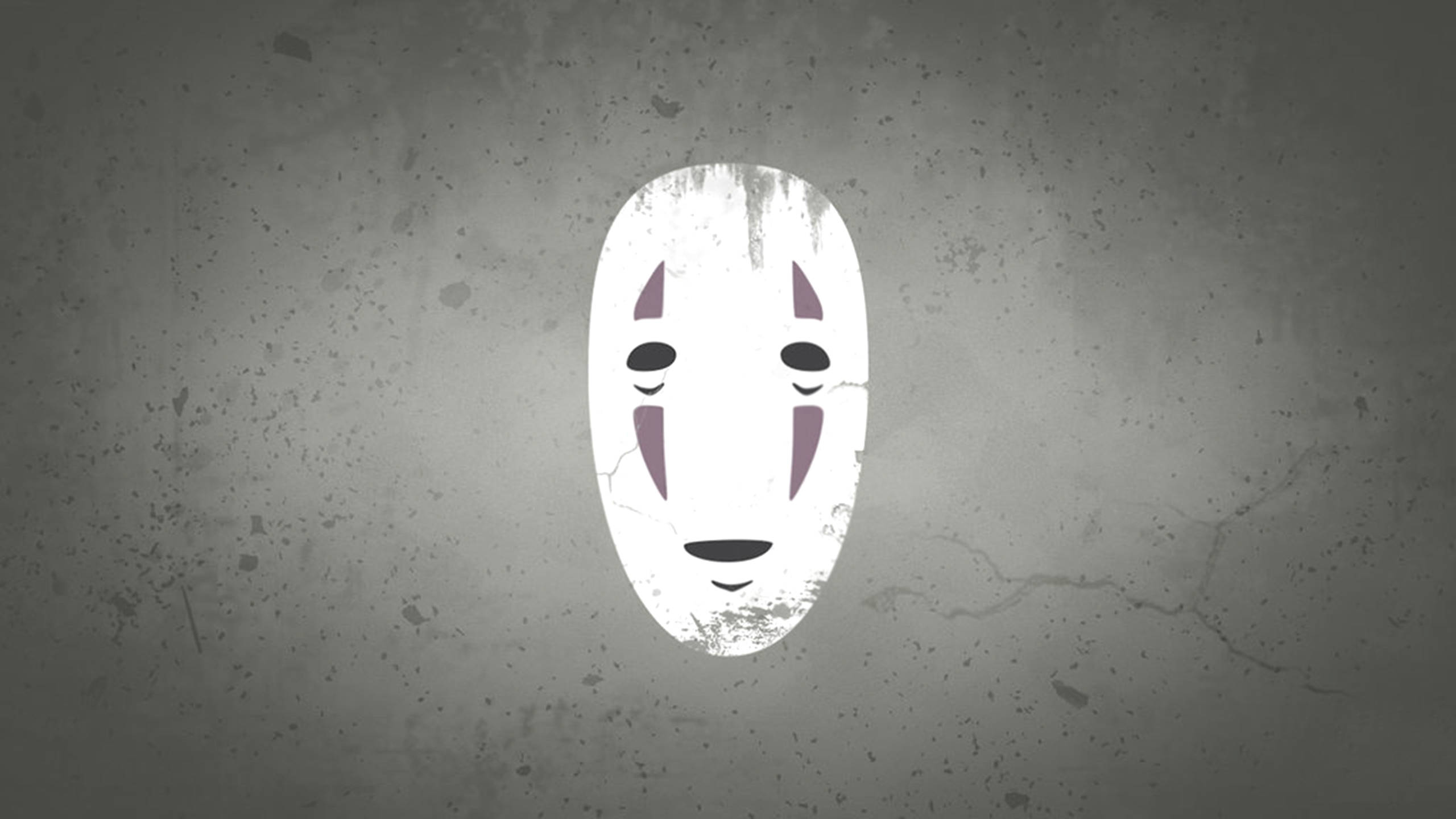 No Face 桌布 壁紙 — 一個風化的白色鬼面具帶有紫色標記，掛在粗糙的灰色混凝土牆上。
