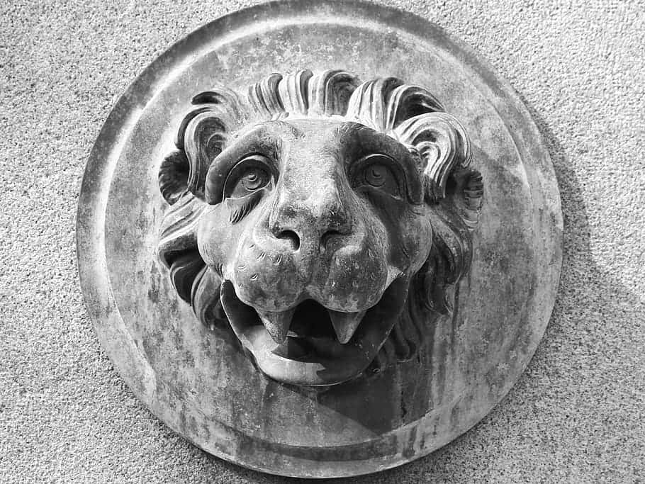 Lion Head 桌布 壁紙 — 一個風化的石獅頭雕塑，張開嘴巴，鬃毛細節豐富，置於圓形框架內，背景為有紋理的牆壁。