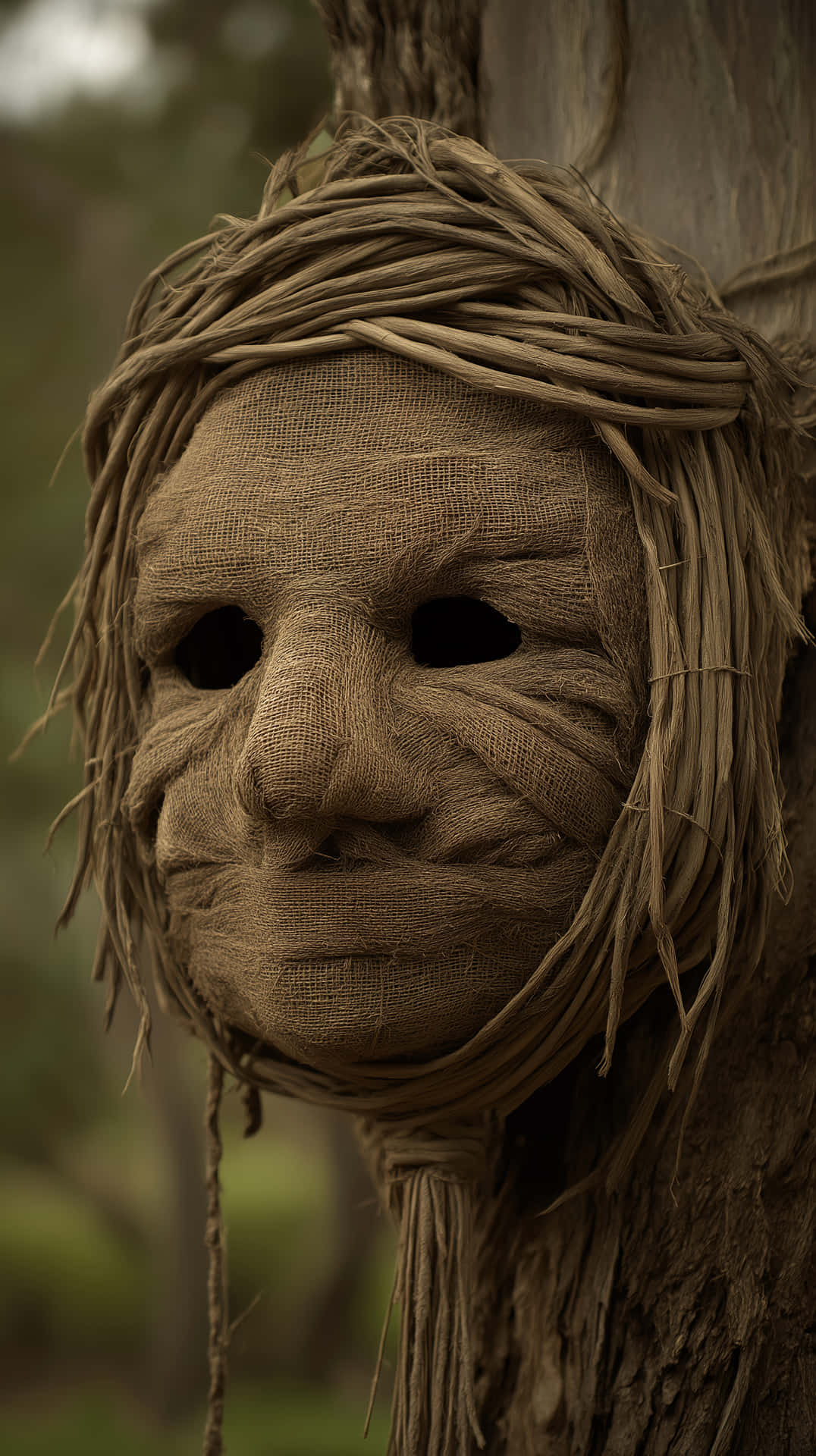 Woven Burlap Mask on Tree Trunk - Ancient Tribal Art Concept 壁紙 — 一個風化的粗麻布面具，稻草頭髮紮成皇冠，掛在森林中粗糙的樹幹上。