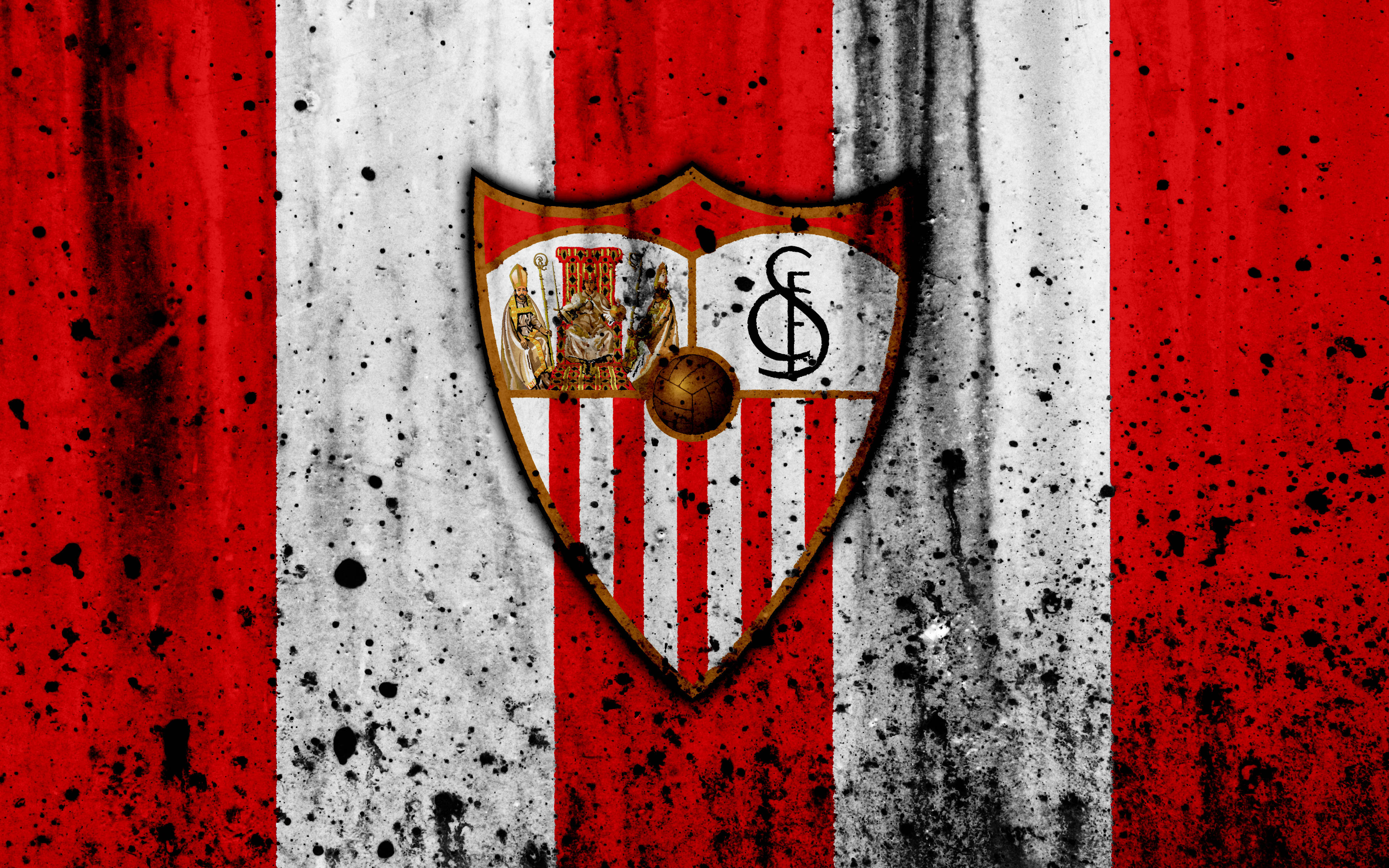 sevilla fc 桌布 壁紙 — 一個風化的紅白條紋背景，中央有塞維利亞足球俱樂部會徽，帶有金色點綴和黑色飛濺效果。
