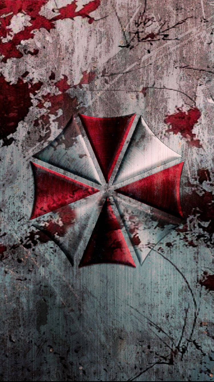 evil 桌布 壁紙 — 一個風化的紅色和銀色保護傘公司標誌，濺滿血跡，在粗糙的混凝土牆上。