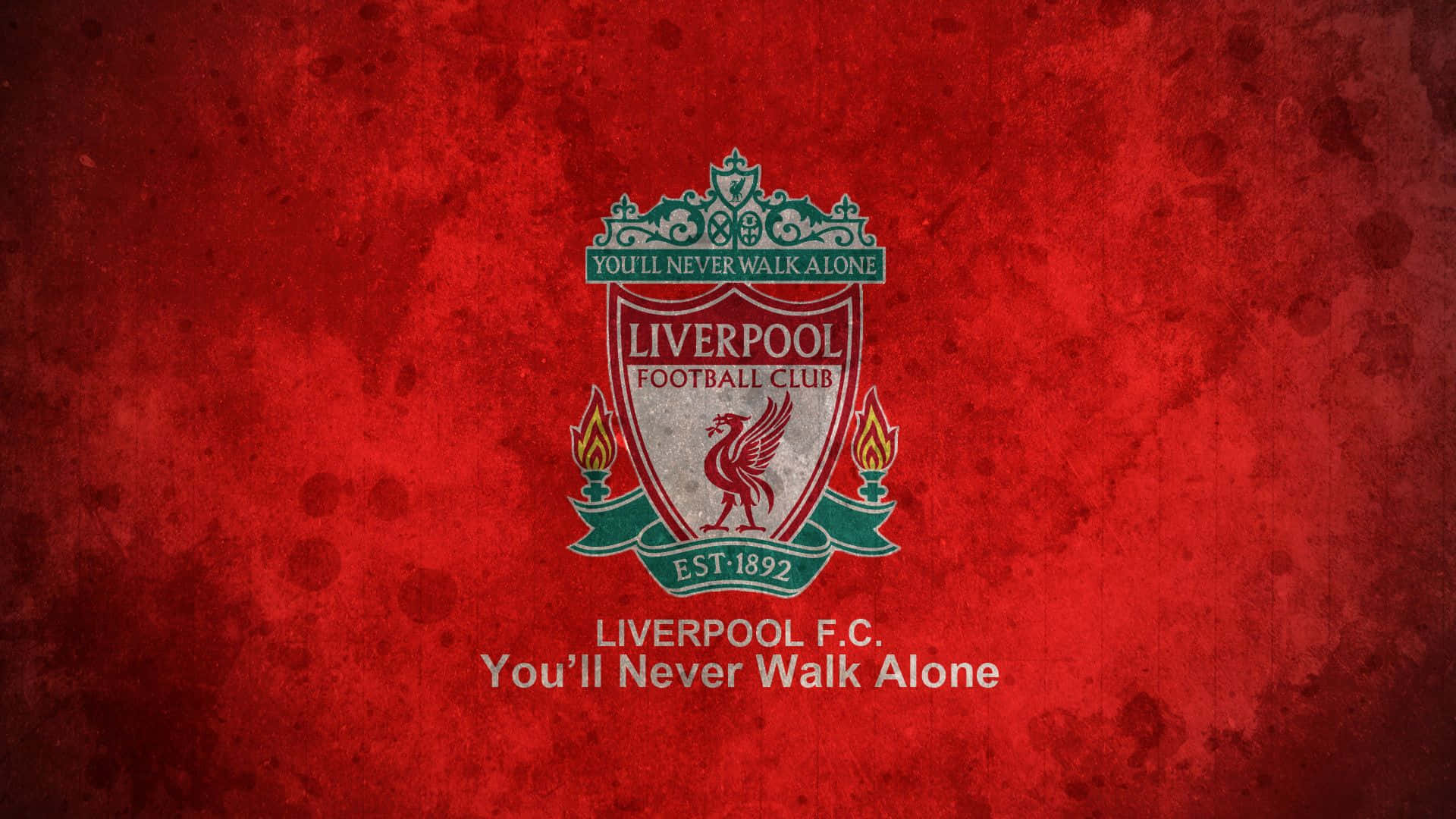 Liverpool Logo 桌布 壁紙 — 一個風化的紅色紋理背景，展示利物浦足球俱樂部徽章，上有紅色利物鳥和火焰，兩側是俱樂部格言。