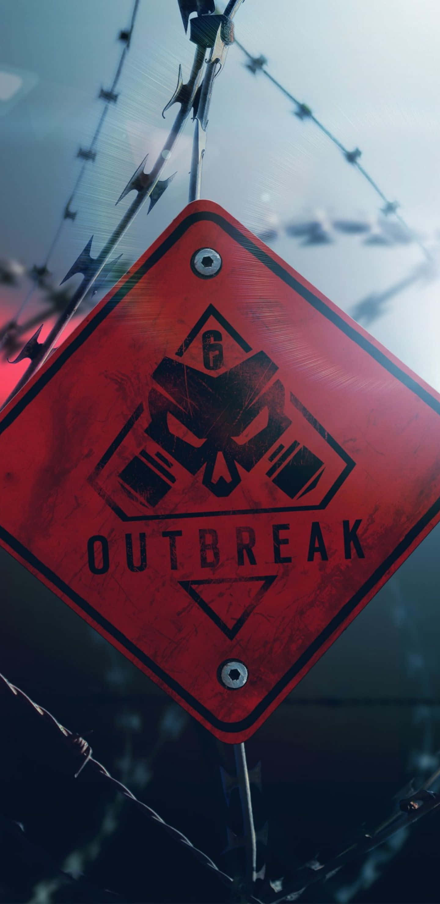 Pixel 3xl Rainbow Six Siege 桌布 壁紙 — 一個風化的紅色菱形警告標誌，上面寫著「OUTBREAK」並帶有骷髏標誌，掛在帶刺鐵絲網下，背景是陰沉天空。