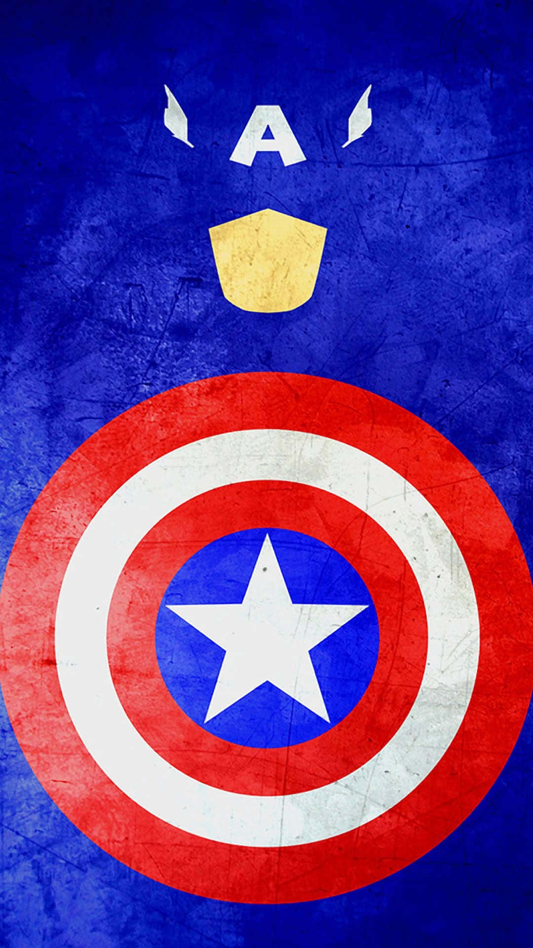 Android Captain America 桌布 壁紙 — 一個風化的美國隊長盾牌，帶有頭盔標誌，位於紋理藍色背景上。