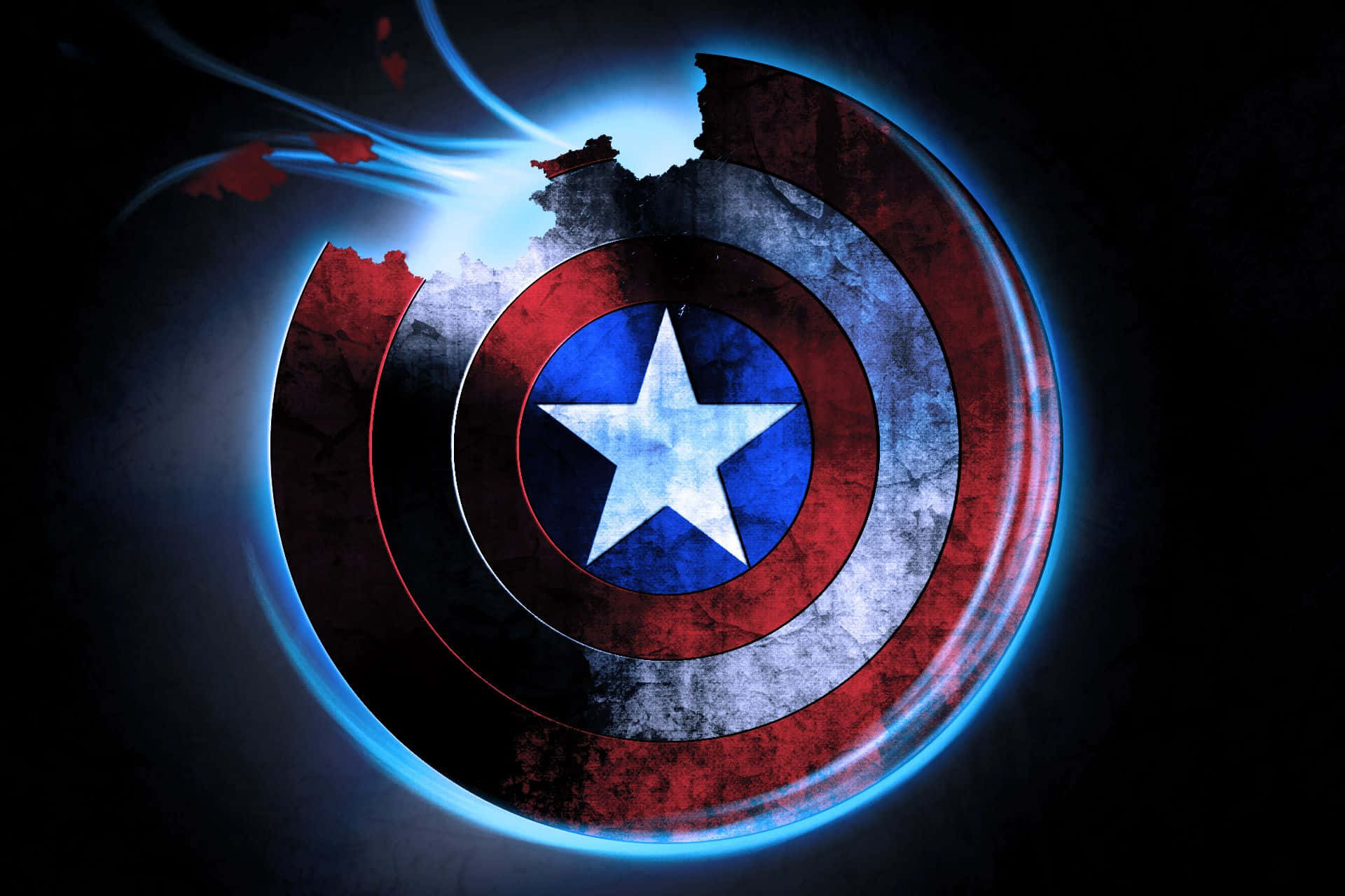 HD Captain America 桌布 壁紙 — 一個風化的美國隊長盾牌在黑暗背景中發出藍色能量光芒。