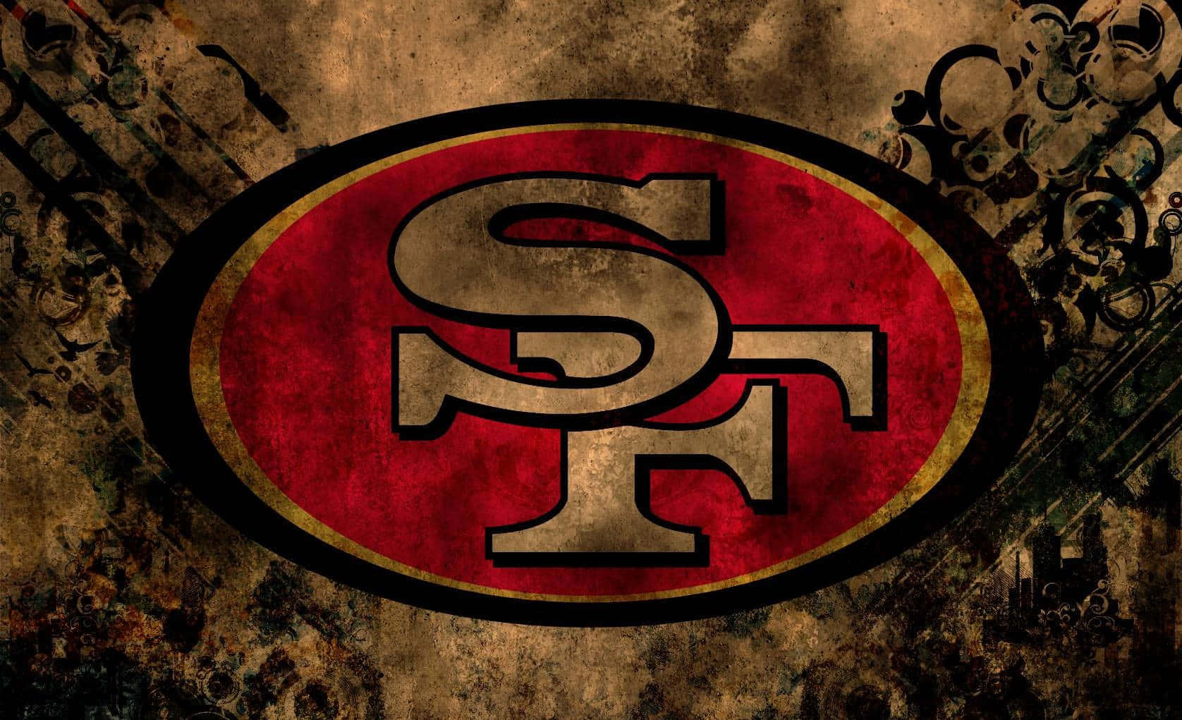 49ers 桌布 壁紙 — 一個風化的舊金山49人隊標誌，居中在帶有華麗黑色漩渦的骯髒紋理背景上。