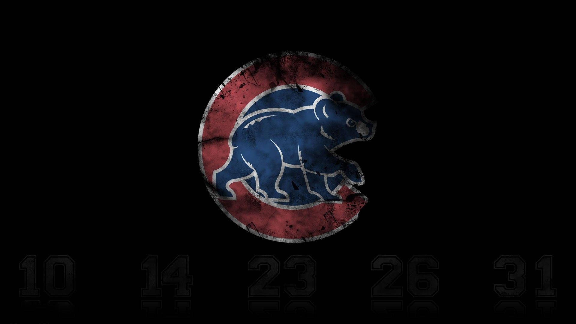 Cubs 桌布 壁紙 — 一個風化的芝加哥小熊隊標誌，黑色背景上有一個紅色圓圈內的藍色熊，下方有模糊的數字。