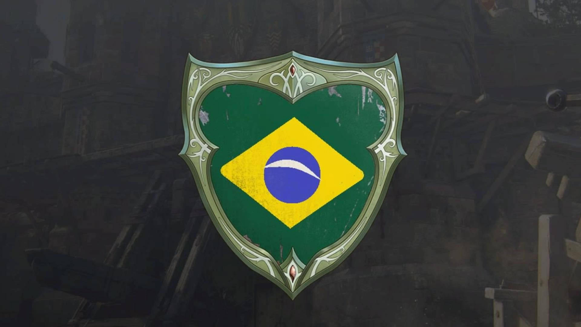 Brazil Flag 桌布 壁紙 — 一個風化的華麗盾牌在黑暗哥德式廢墟背景下展示巴西國旗。