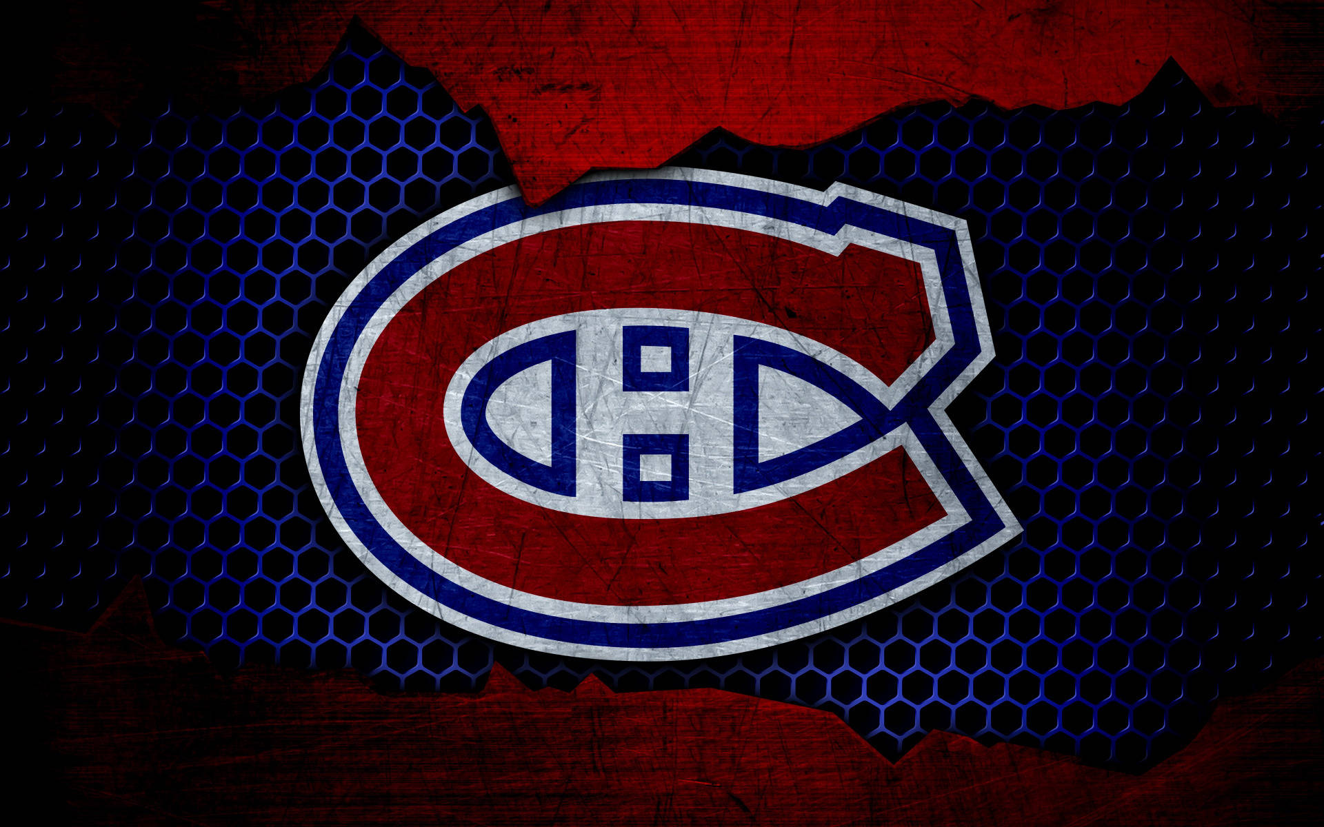 Canadiens 桌布 壁紙 — 一個風化的蒙特婁加拿大人隊標誌，居中在一個撕裂的六角形網格背景上，帶有紅色和藍色紋理。