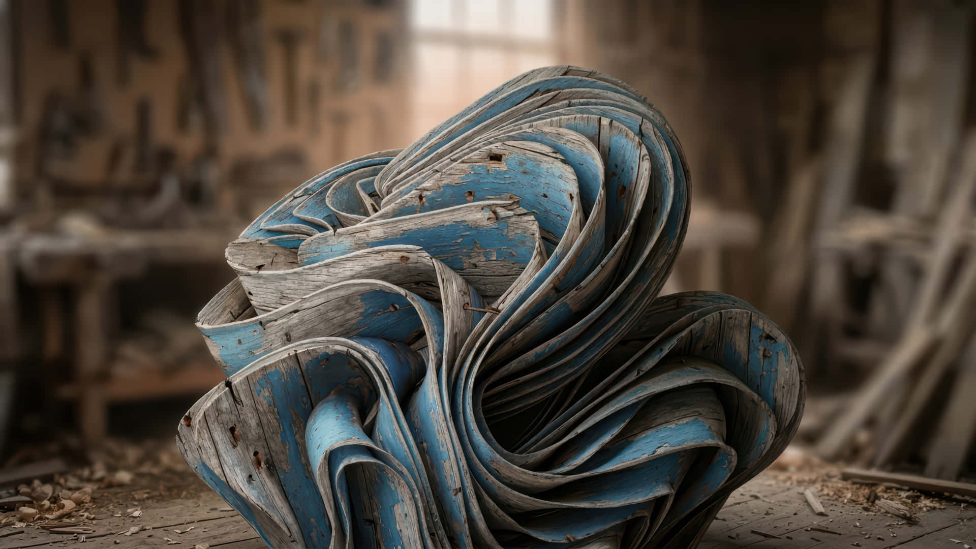 Wooden Bloom ina  workshop modded wallpaper for desktop Enhancement, 壁紙 — 一個風化的藍色木雕，帶有漩渦狀的有機曲線，放置在一個充滿木屑和工具的塵土飛揚的工作室中。