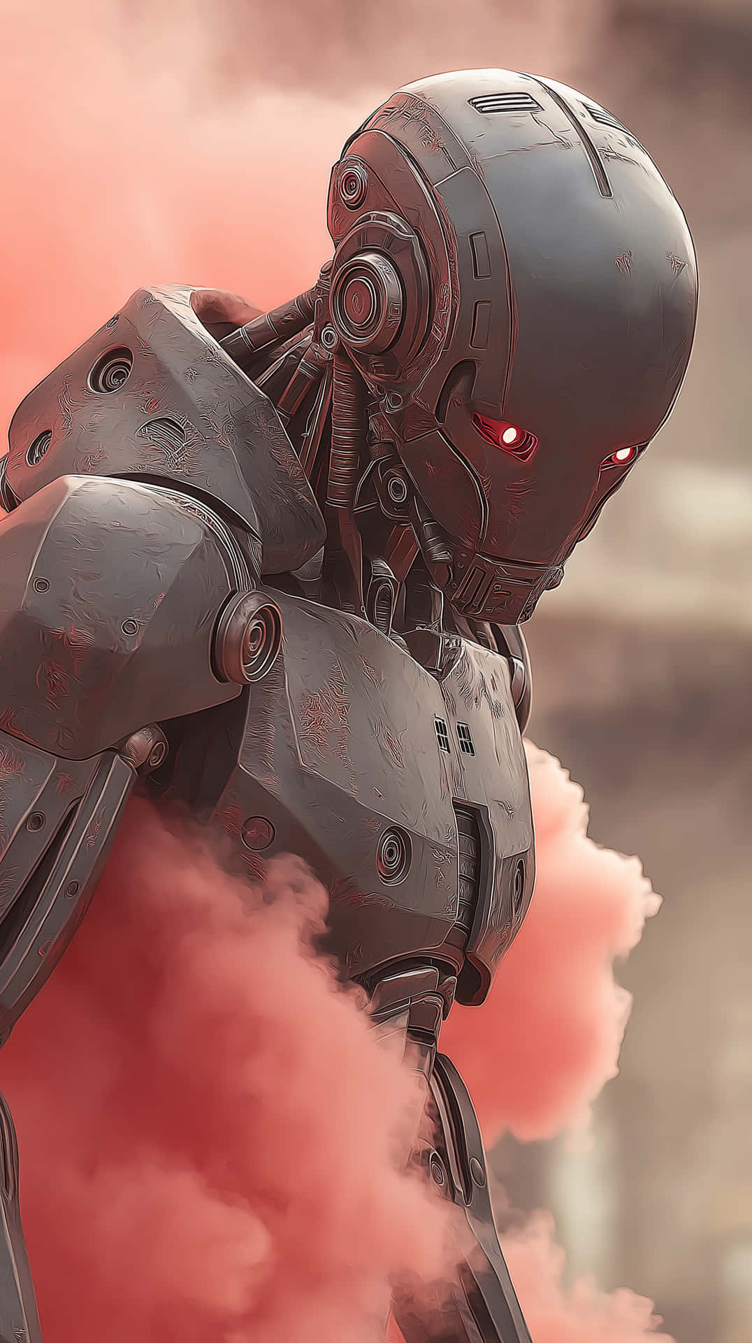 Futuristic humanoid robot 壁紙 — 一個風化的裝甲機器人，閃爍著紅色光芒的眼睛，從旋轉的粉紅色煙霧中出現，背景朦朧。