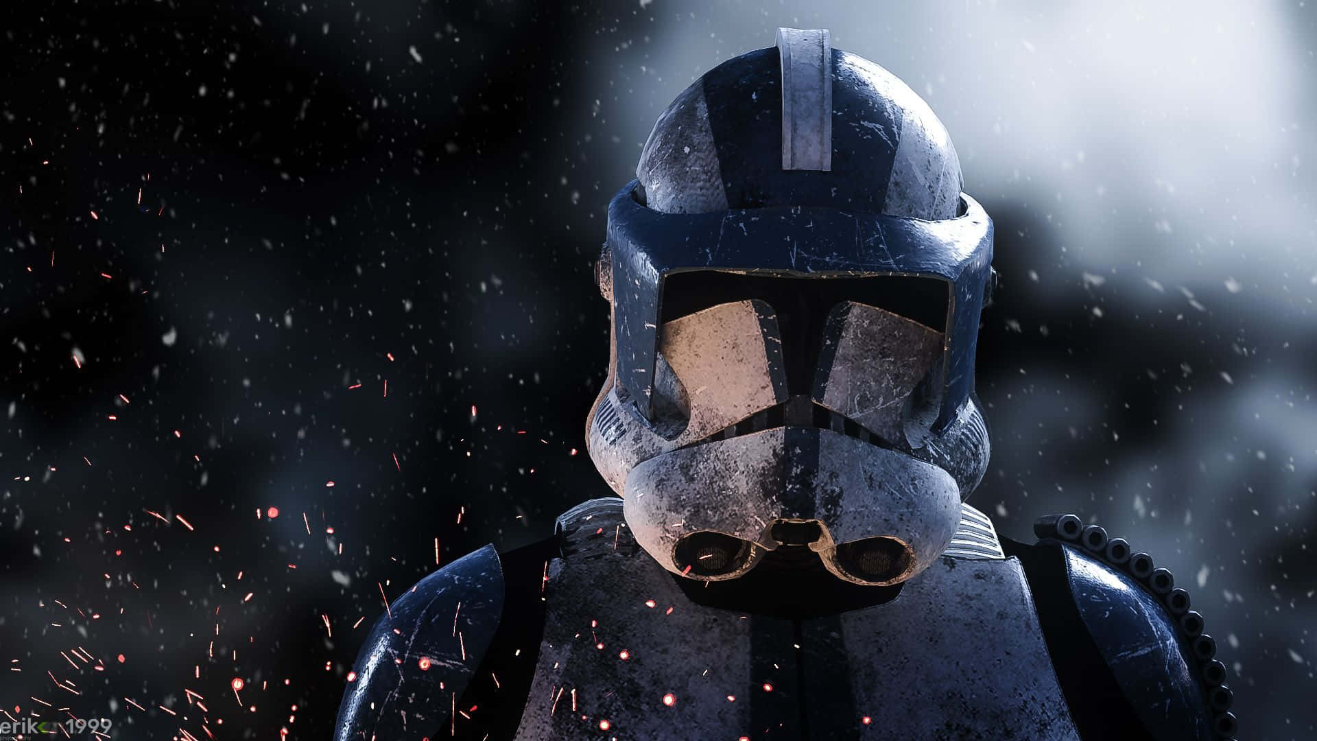 Clone Wars 桌布 壁紙 — 一個風化的複製人頭盔在黑暗煙霧背景中閃爍著火花。