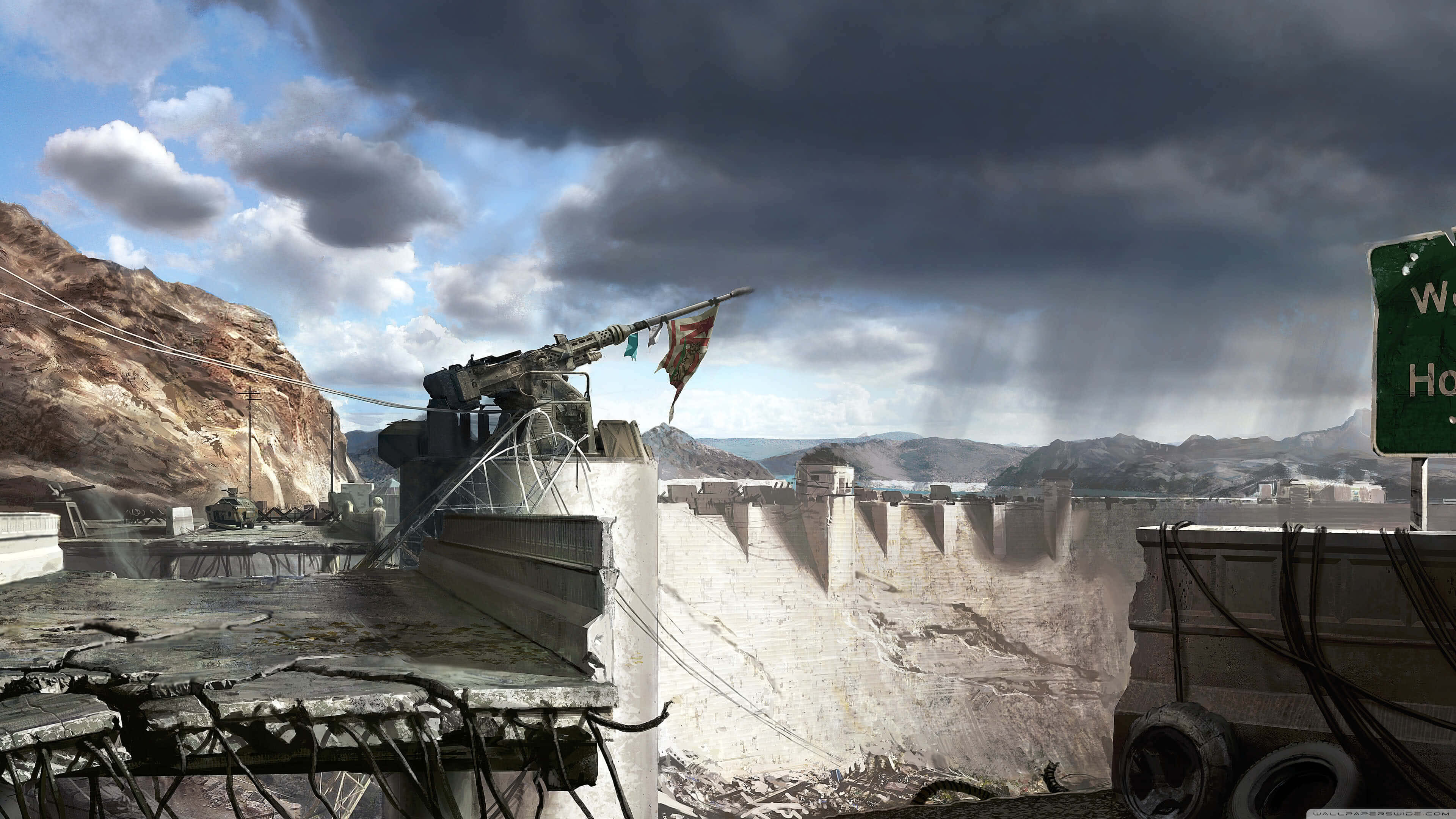 Fallout Nv 桌布 壁紙 — 一個風化的軍事砲塔，掛著破爛的旗幟，俯瞰著暴風雨天空下搖搖欲墜的混凝土牆。