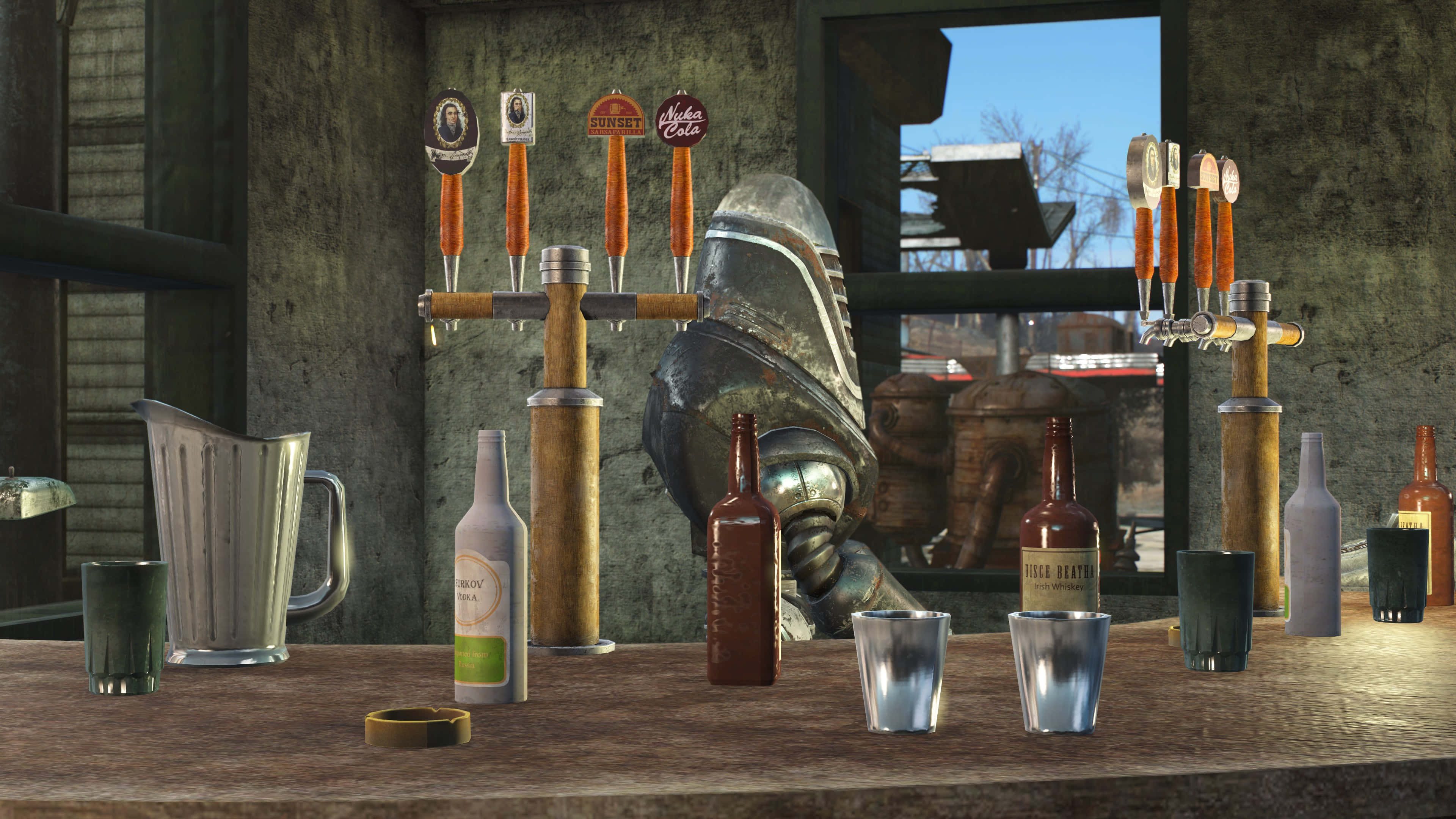 Fallout 4 The Capital Wasteland 桌布 壁紙 — 一個風化的酒吧櫃檯，配有啤酒龍頭和瓶子，窗戶外顯示一片荒蕪的戶外場景。