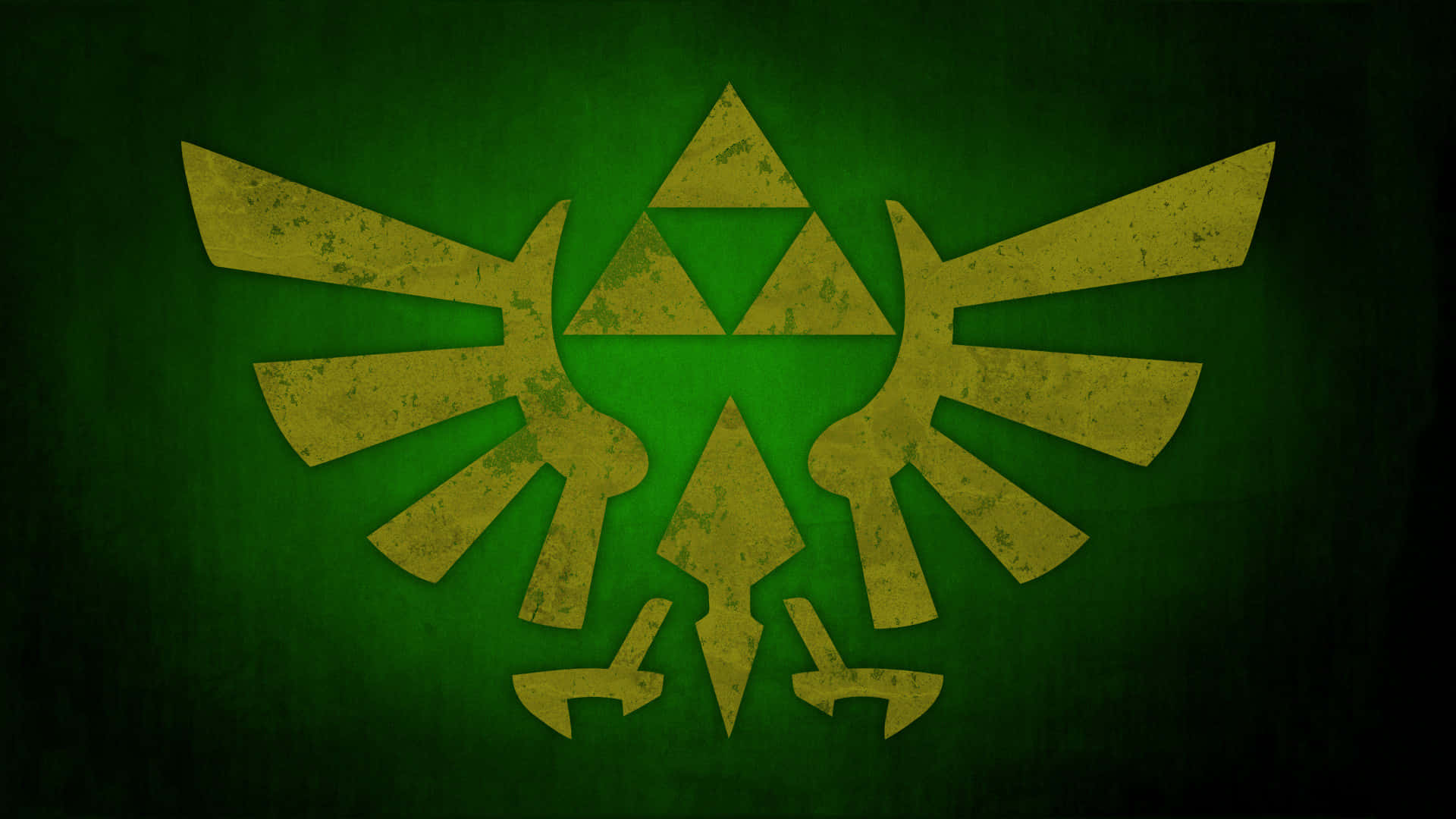 The Legend Of Zelda Hyrule 桌布 壁紙 — 一個風化的金色三角力量符號，展開翅膀，在紋理深綠色背景上發光。