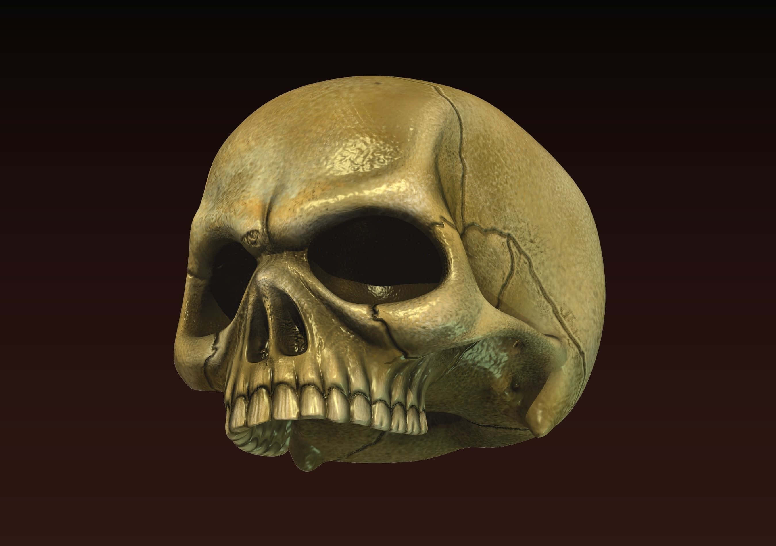 3d Skull 桌布 壁紙 — 一個風化的金色頭骨，帶有裂紋質感，漂浮在深酒紅色漸變背景上。