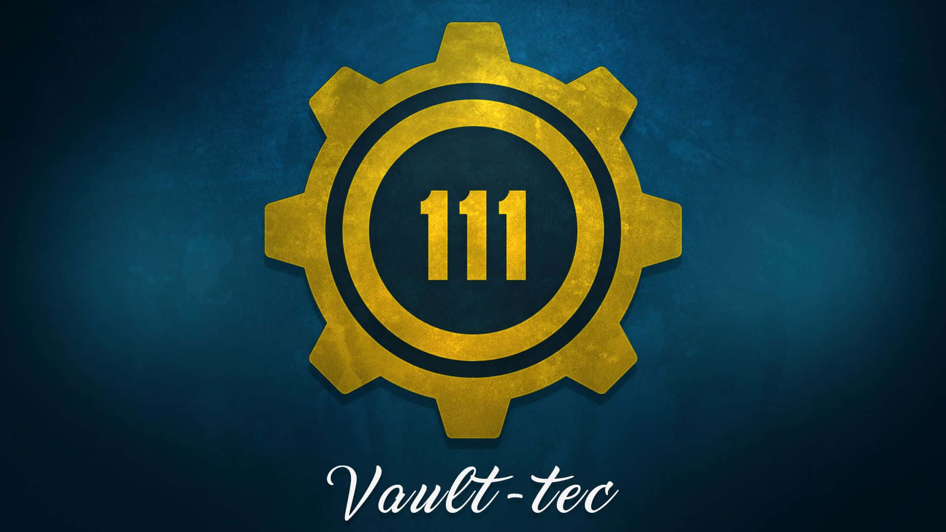 Fallout 4 Vault 桌布 壁紙 — 一個風化的金色齒輪，中心有數字111，在帶有紋理的深藍色背景上發光，下方寫有 'Vault-tek'。