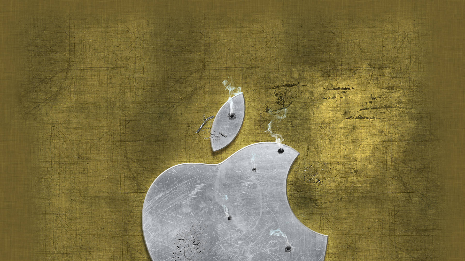 桌布 壁紙 — 一個風化的銀色Apple標誌，咬痕處升起煙霧，背景為帶紋理的金色。