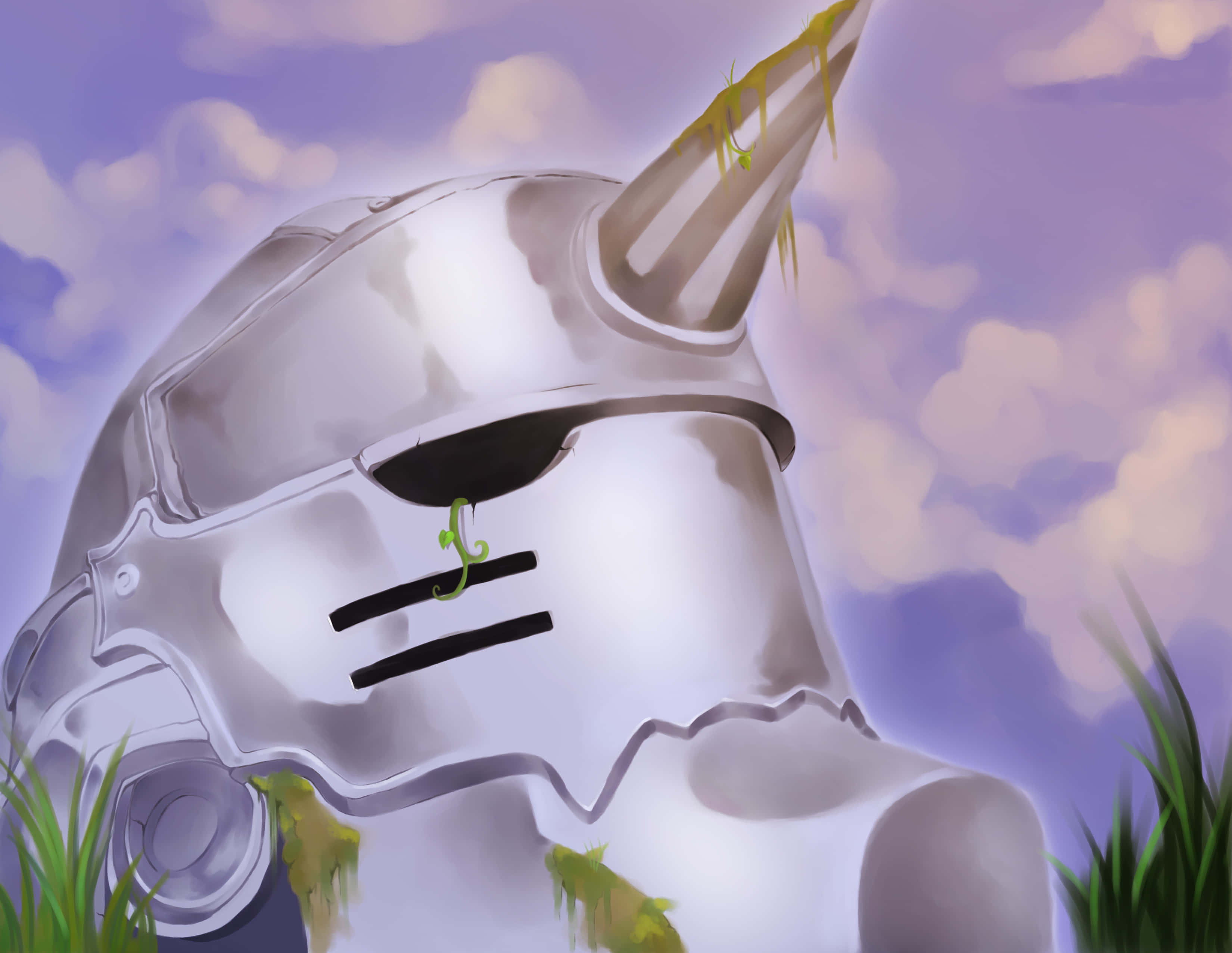 Alphonse Elric 桌布 壁紙 — 一個風化的銀色獨角獸頭盔，角和邊緣長滿苔蘚和藤蔓，襯著柔和的紫色天空。