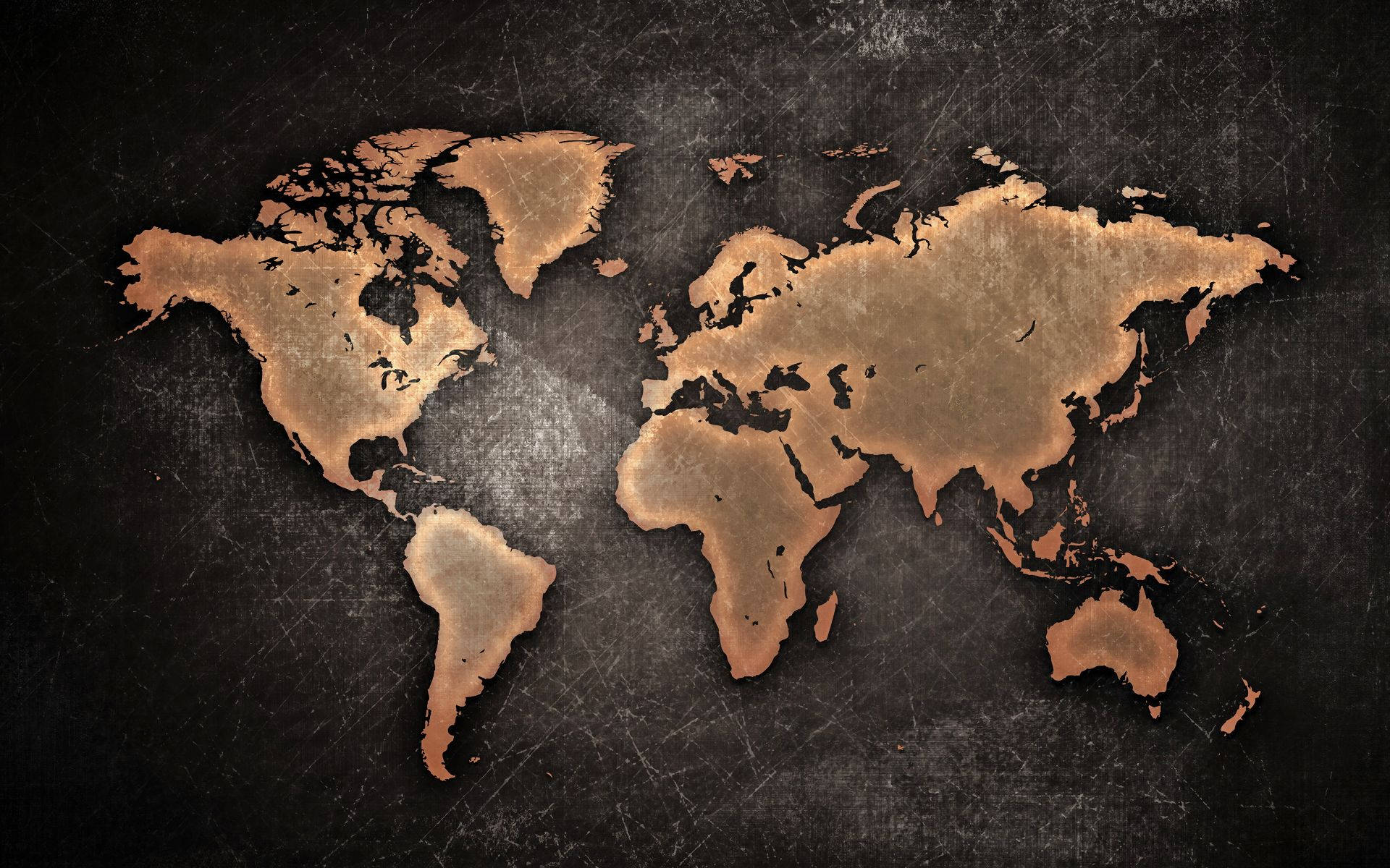 World Globe 桌布 壁紙 — 一個風化的銅色世界地圖剪影在深色刮痕金屬背景上脫穎而出。