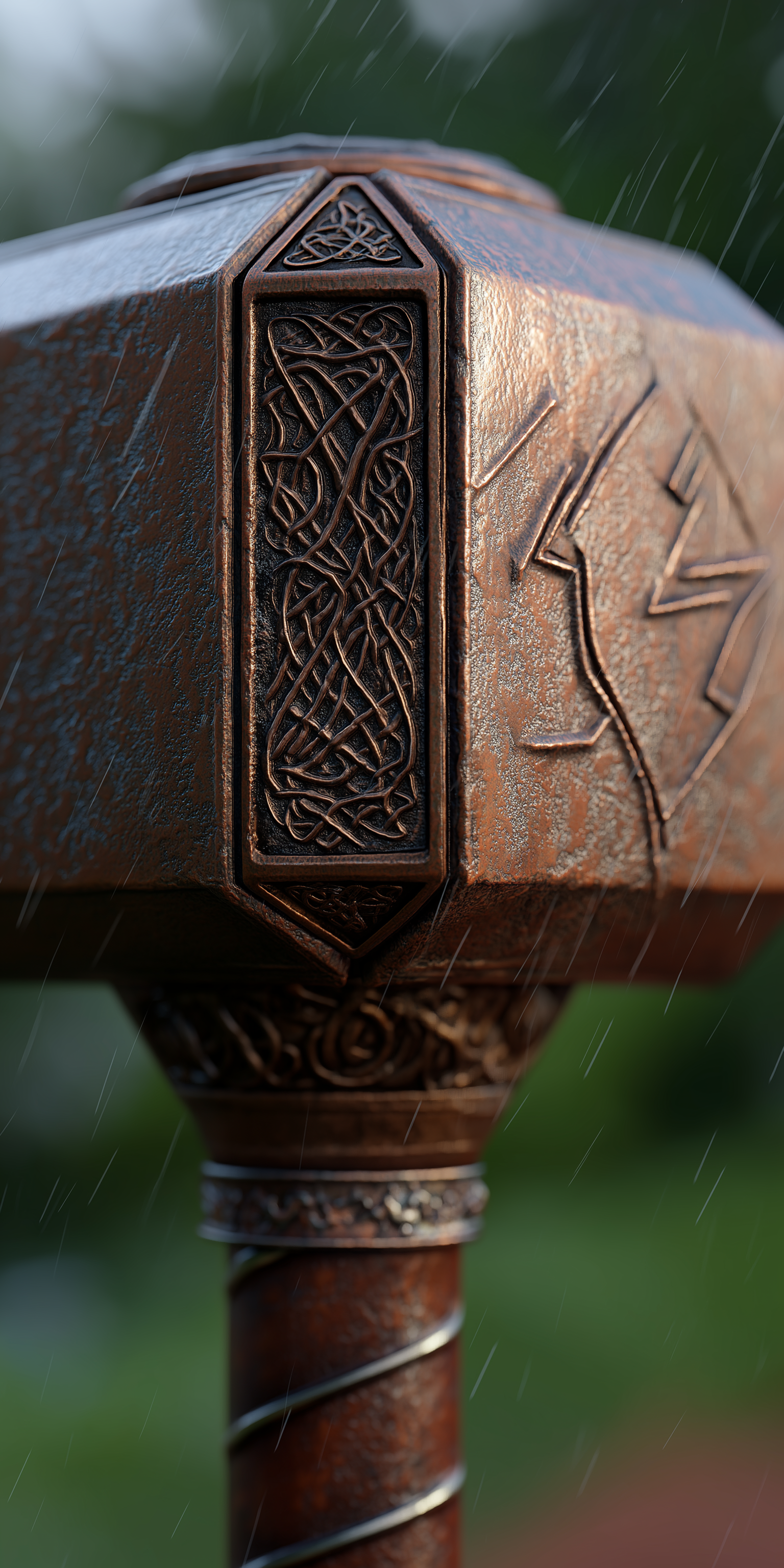 Norse Mythology 桌布 壁紙 — 一個風化的青銅錘子的特寫，帶有複雜的凱爾特結飾和閃電雕刻，在雨中展示，背景是模糊的綠色。