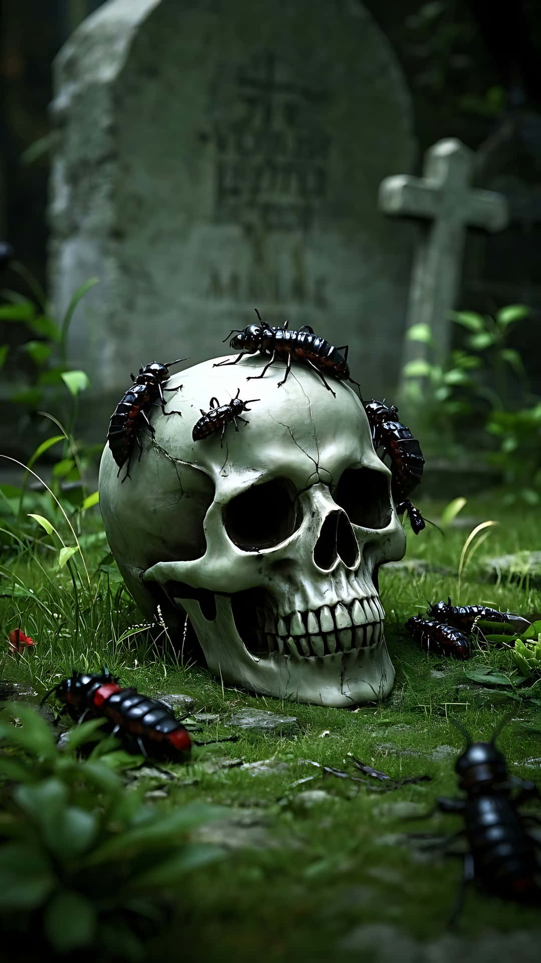 Tormented Skull with Crawling Insects. skull wallpaper 壁紙 — 一個風化的頭骨被黑色蟑螂覆蓋，躺在長滿苔蘚的墓地中，周圍有破舊的墓碑和綠色植物。