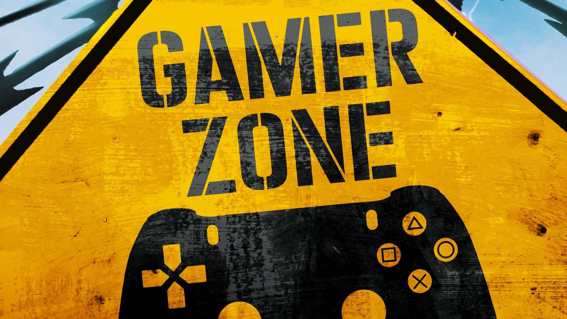 高畫質遊戲 桌布 壁紙 — 一個風化的黃色三角形標誌，上面寫著「GAMER ZONE」，下方有一個黑色的遊戲控制器圖案。