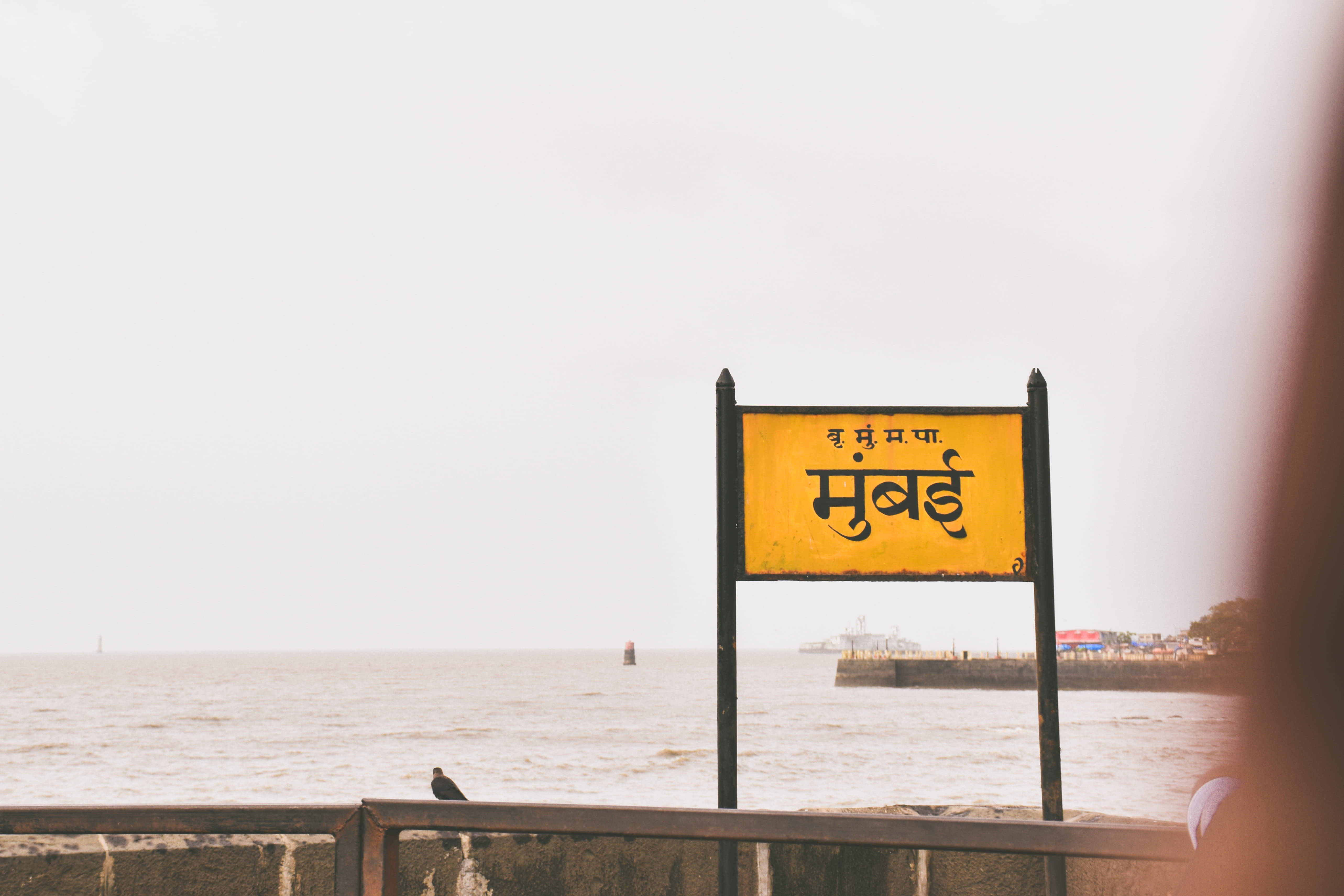 Mumbai 桌布 壁紙 — 一個風化的黃色孟買鐵路標誌豎立在海邊，一隻孤獨的鳥兒棲息在欄杆上，天空多雲。
