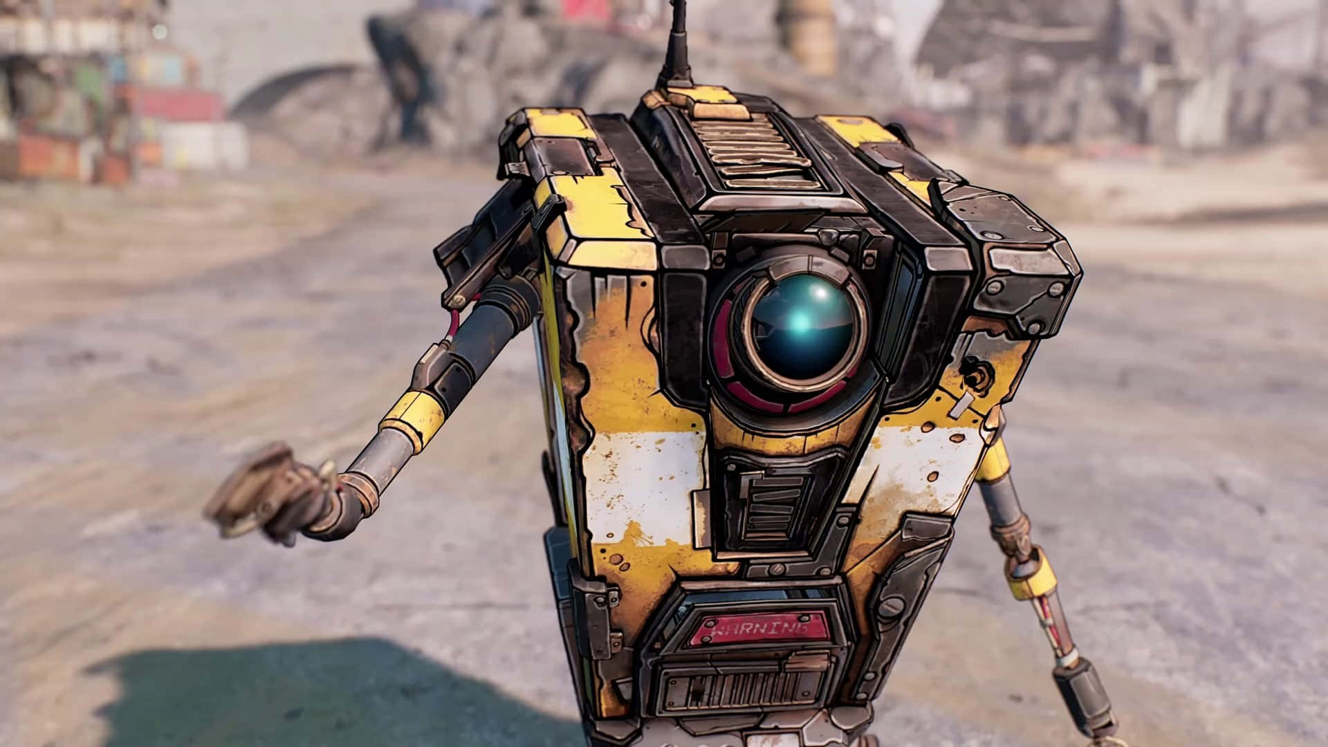 Best Borderlands 3 桌布 壁紙 — 一個風化的黃黑機器人，帶有發光的藍色眼睛，站在塵土飛揚的末日後荒原上。