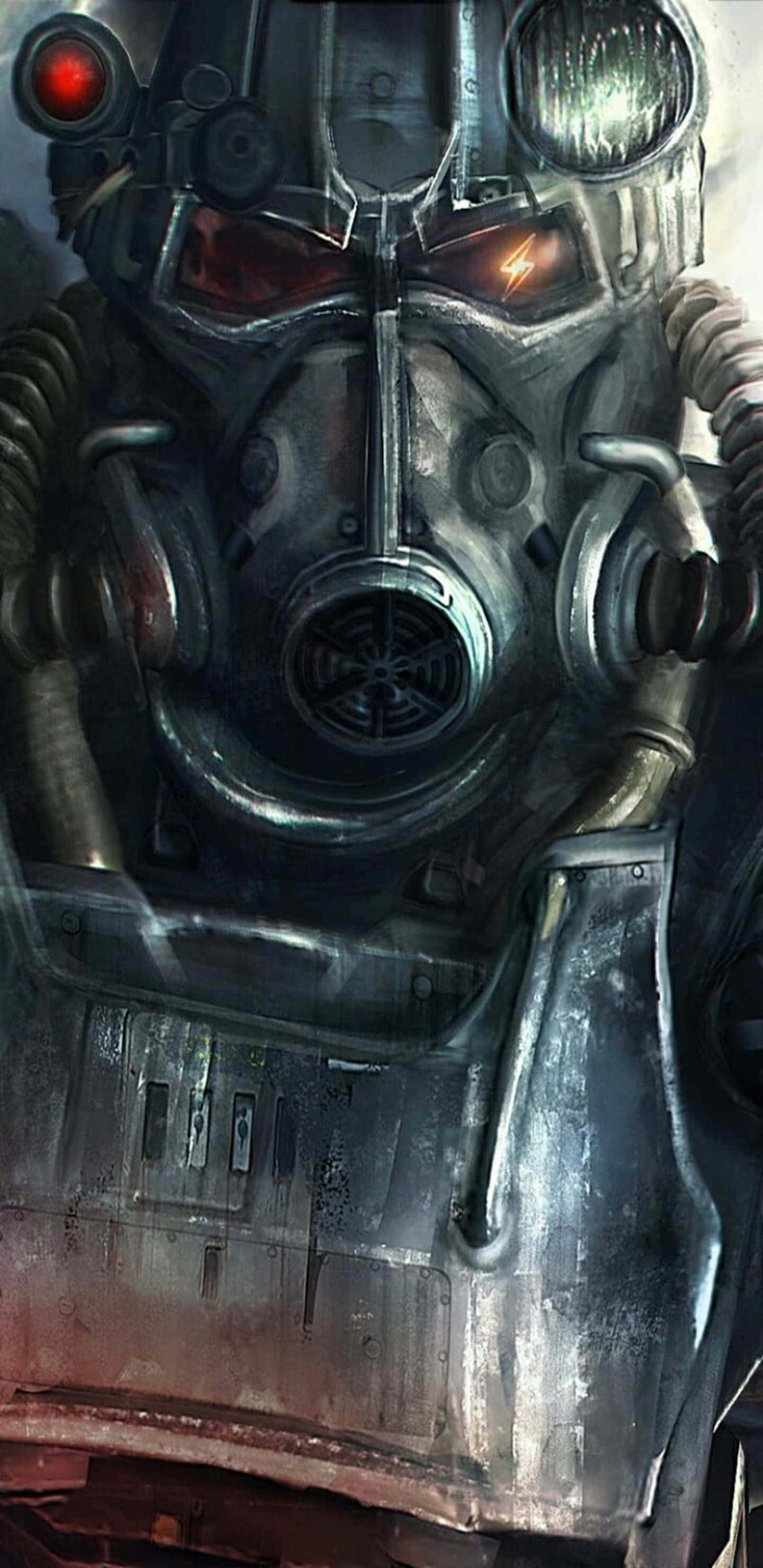 Pixel 3xl Fallout 76 桌布 壁紙 — 一個風化金屬動力裝甲頭盔的特寫，帶有發光的紅色和橙色眼睛及風扇格柵。