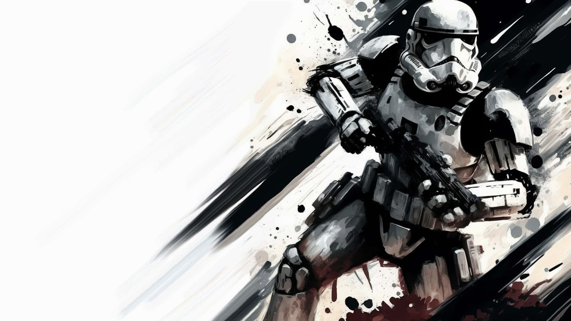 Stormtrooper 桌布 壁紙 — 一個風暴兵在動態動作中，帶有飛濺墨水效果和鮮明的黑白灰調。