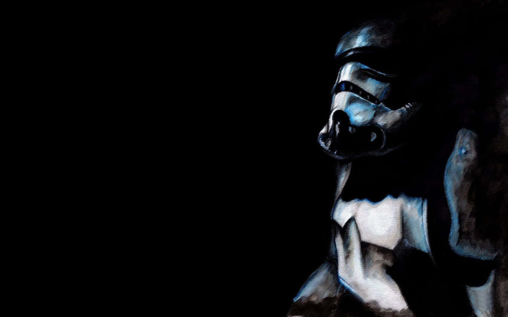 Star Wars Characters 桌布 壁紙 — 一個風暴兵頭盔在漆黑背景上散發出冷藍色光芒，呈現繪畫風格。