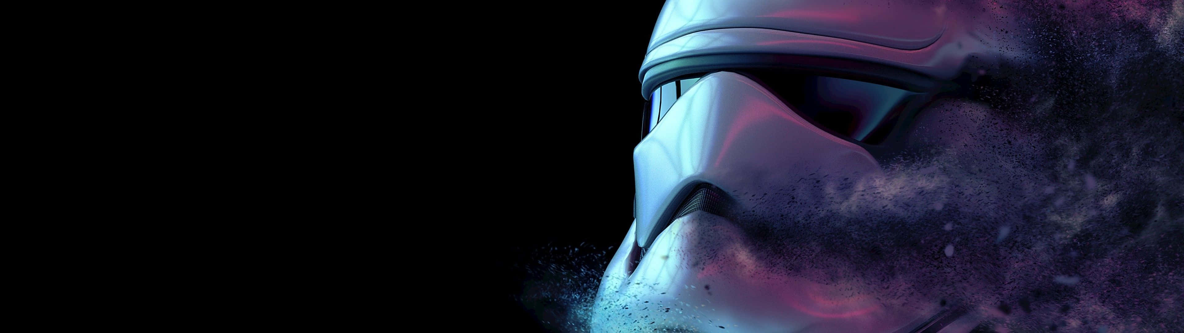Stormtrooper 桌布 壁紙 — 一個風暴兵頭盔從宇宙塵埃中浮現，背景是黑色虛空，帶有發光的紫色和藍色高光。