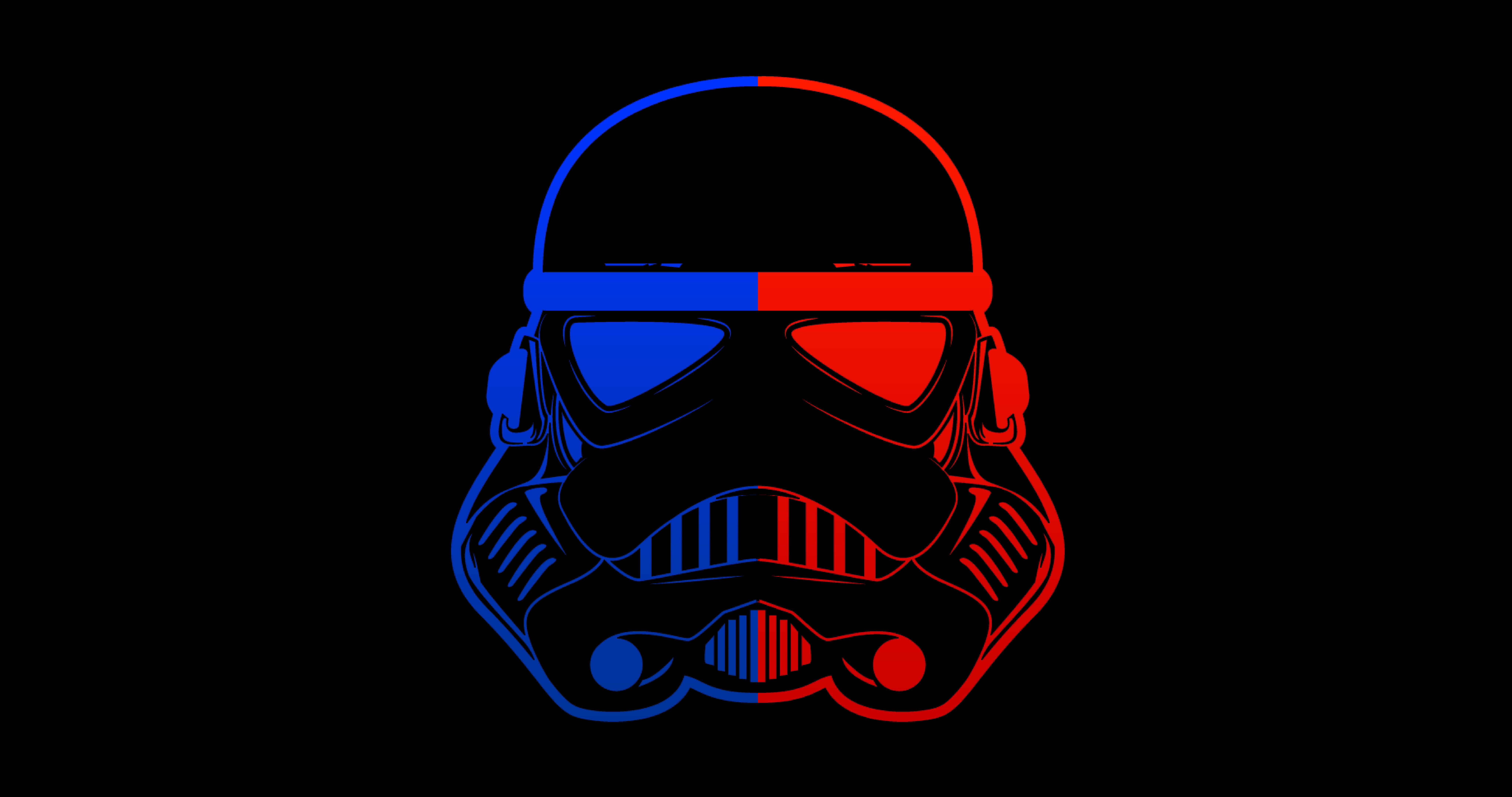 Star Wars Red 桌布 壁紙 — 一個風暴兵頭盔的鮮明剪影，從中間一分為二，左邊藍色右邊紅色，背景為黑色。