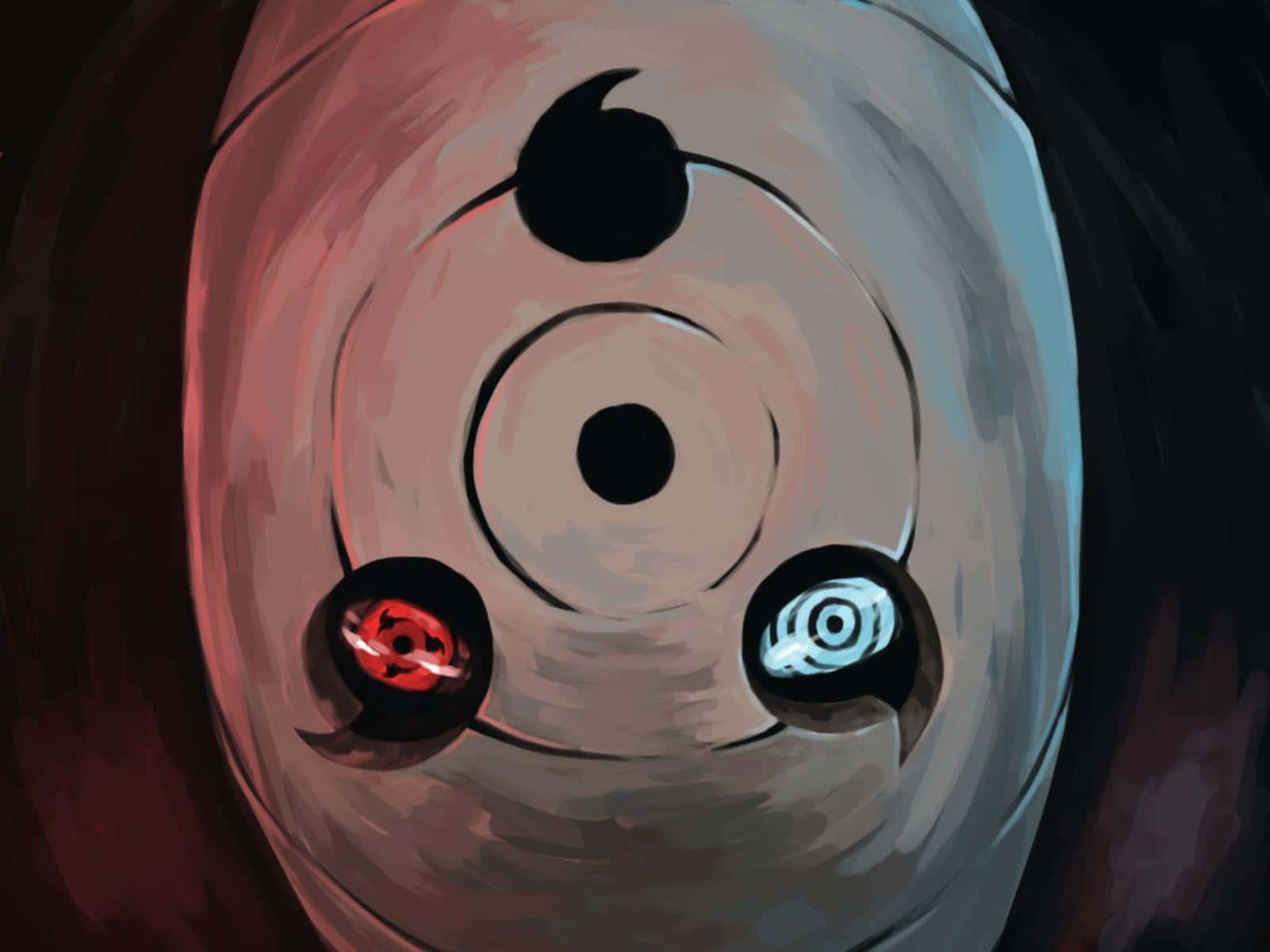 Akatsuki Tobi 桌布 壁紙 — 一個風格化動漫面具的特寫，帶有發光的紅色和藍色眼睛以及一個黑色螺旋符號。