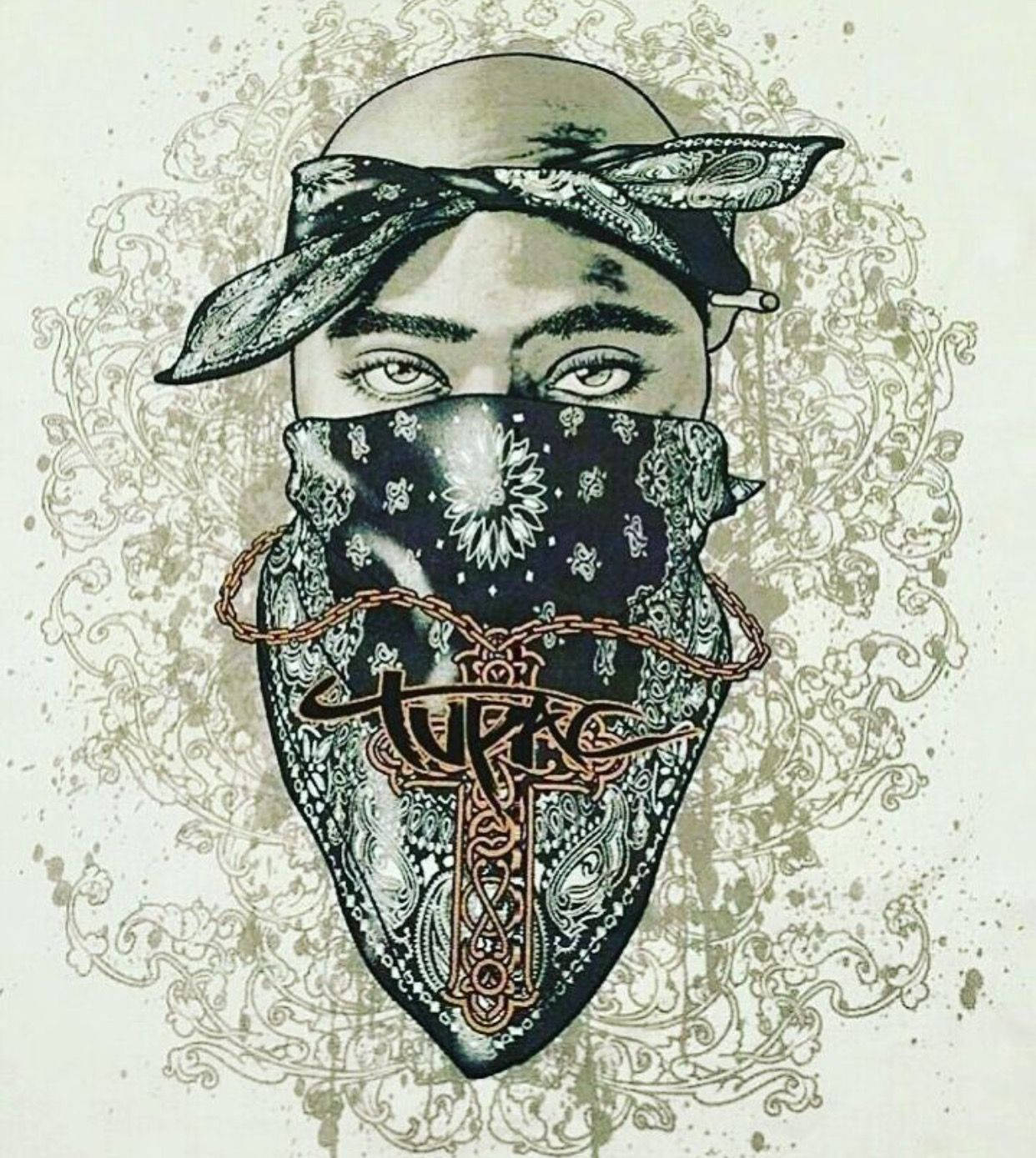 桌布 壁紙 — 一個風格化插圖，人物戴著遮蓋臉部的頭巾和十字架項鍊，背景是華麗的花卉圖案。