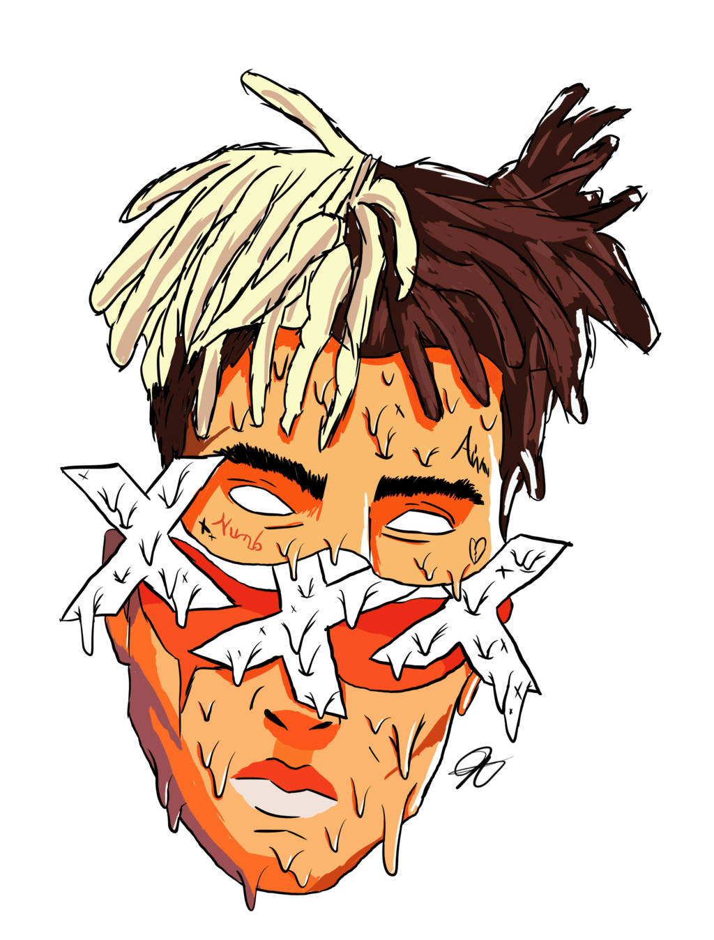 XXXTENTACION 桌布 壁紙 — 一個風格化插圖，人物有一半辮子頭和一半棕色頭髮，眼睛被白色X形繃帶遮蓋，橙色皮膚有裂紋。